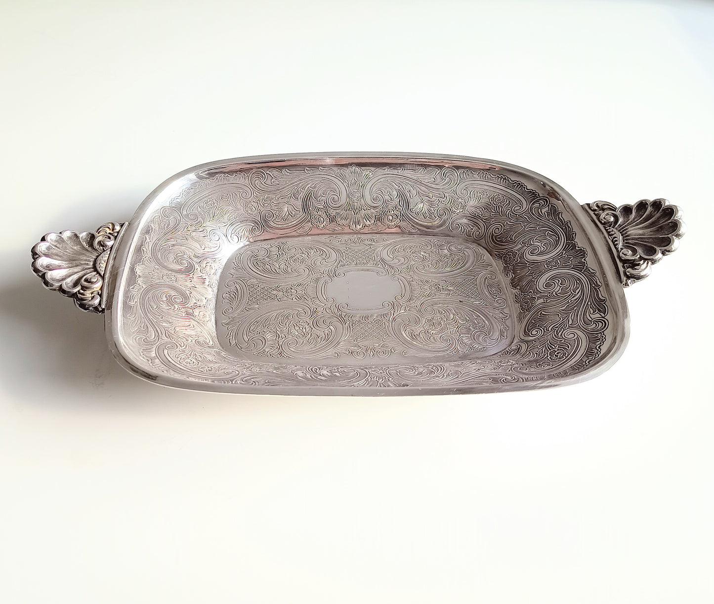 Vintage Silver on Copper Bread & Pastry Serving Tray: Shell Shaped Handles, G Butler, 1900s