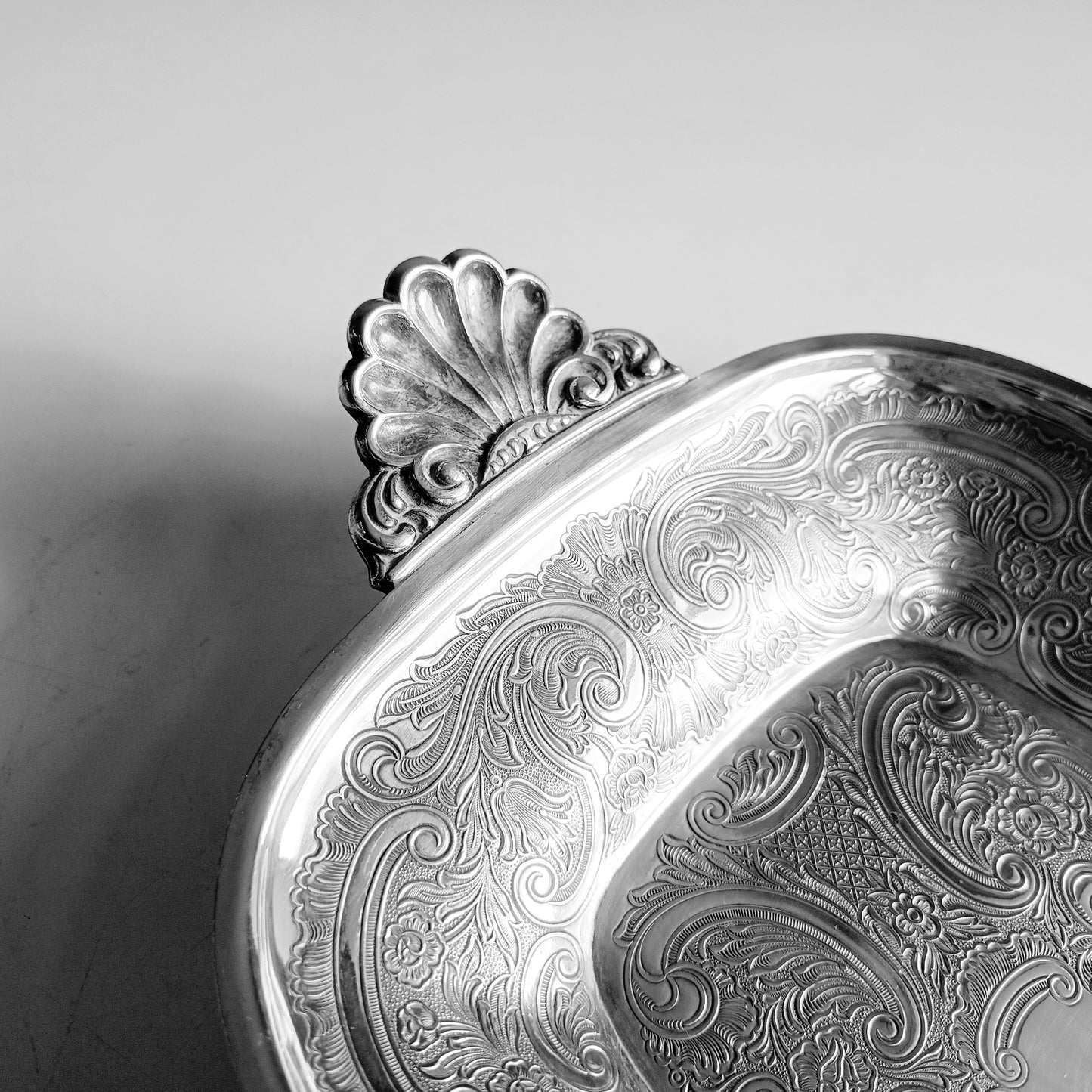 Vintage Silver on Copper Bread & Pastry Serving Tray: Shell Shaped Handles, G Butler, 1900s