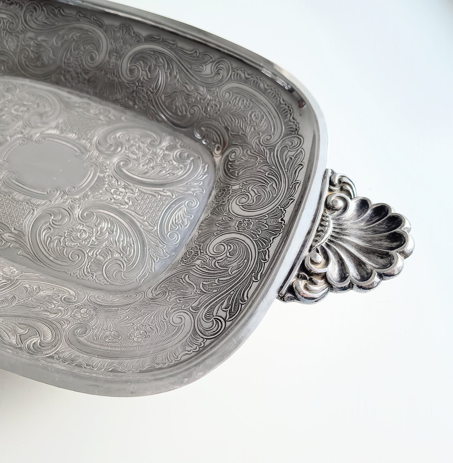 Vintage Silver on Copper Bread & Pastry Serving Tray: Shell Shaped Handles, G Butler, 1900s