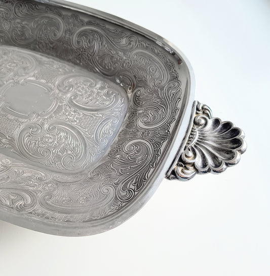 Vintage Silver on Copper Bread & Pastry Serving Tray: Shell Shaped Handles, G Butler, 1900s