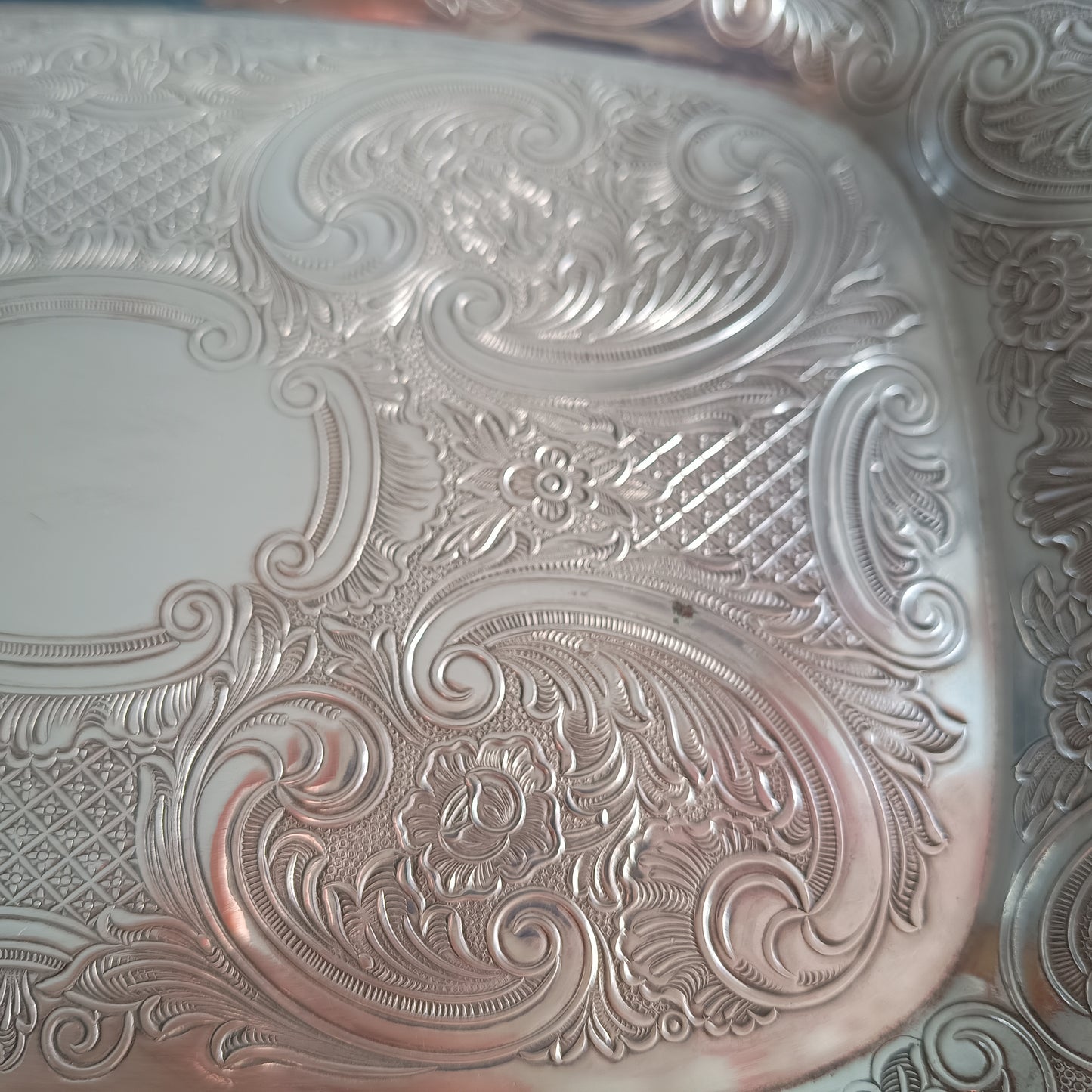 Vintage Silver on Copper Bread & Pastry Serving Tray: Shell Shaped Handles, G Butler, 1900s