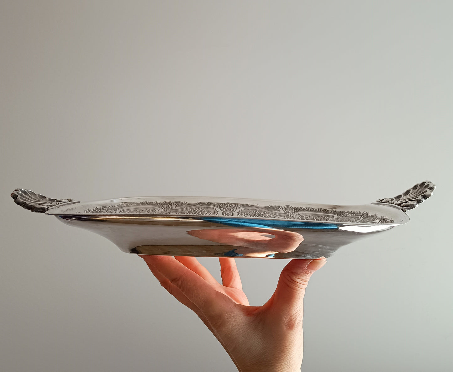Vintage Silver on Copper Bread & Pastry Serving Tray: Shell Shaped Handles, G Butler, 1900s