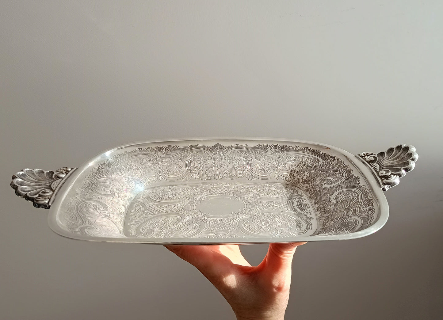 Vintage Silver on Copper Bread & Pastry Serving Tray: Shell Shaped Handles, G Butler, 1900s