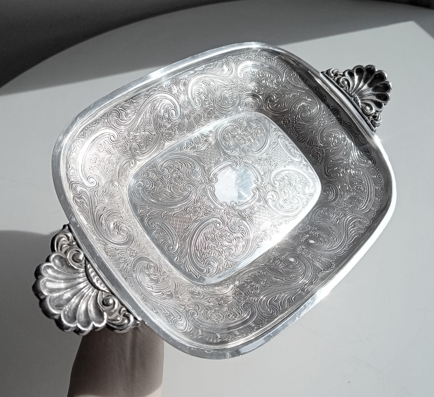 Vintage Silver on Copper Bread & Pastry Serving Tray: Shell Shaped Handles, G Butler, 1900s