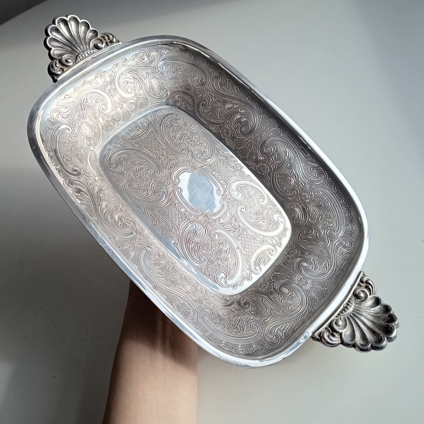 Vintage Silver on Copper Bread & Pastry Serving Tray: Shell Shaped Handles, G Butler, 1900s