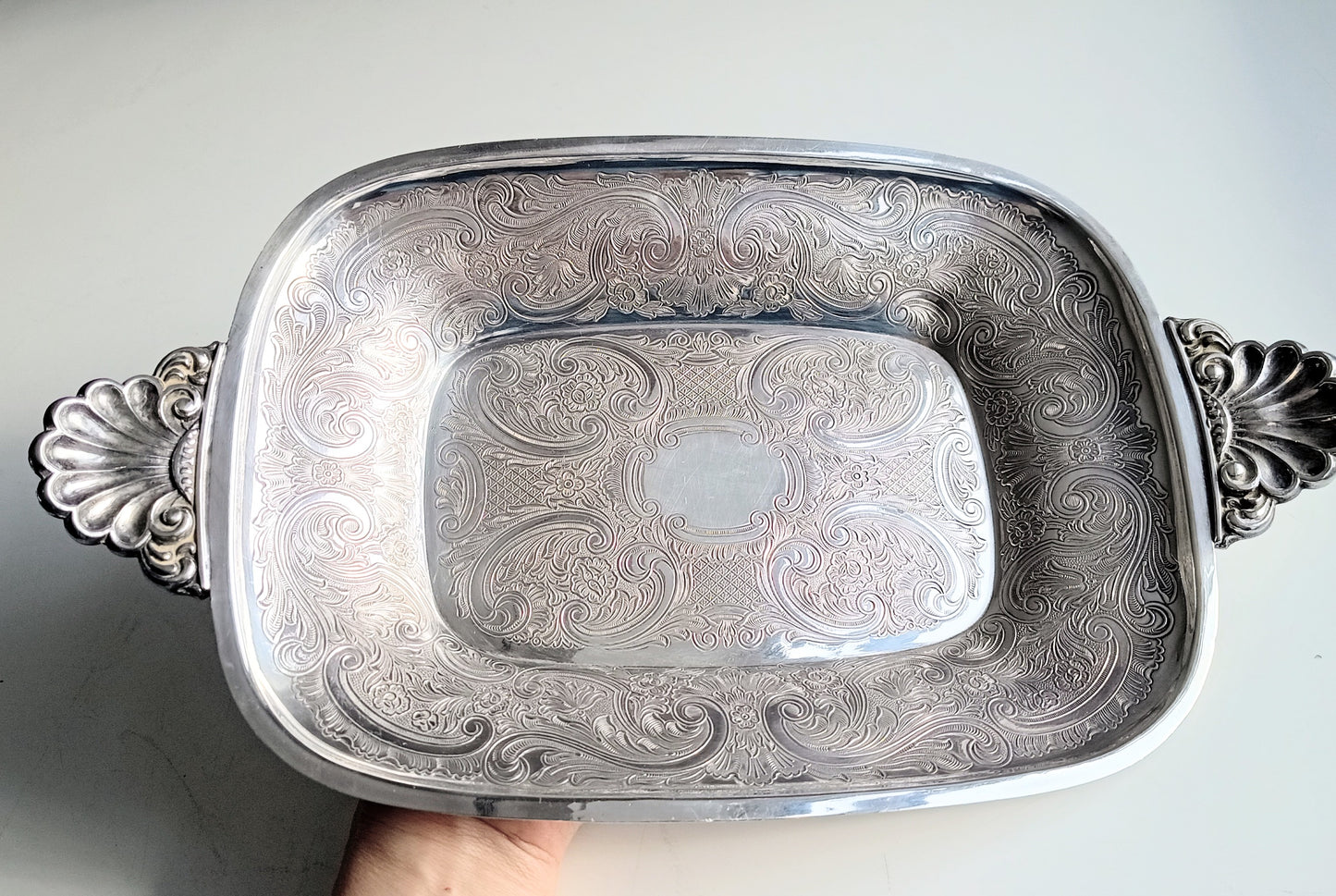 Vintage Silver on Copper Bread & Pastry Serving Tray: Shell Shaped Handles, G Butler, 1900s