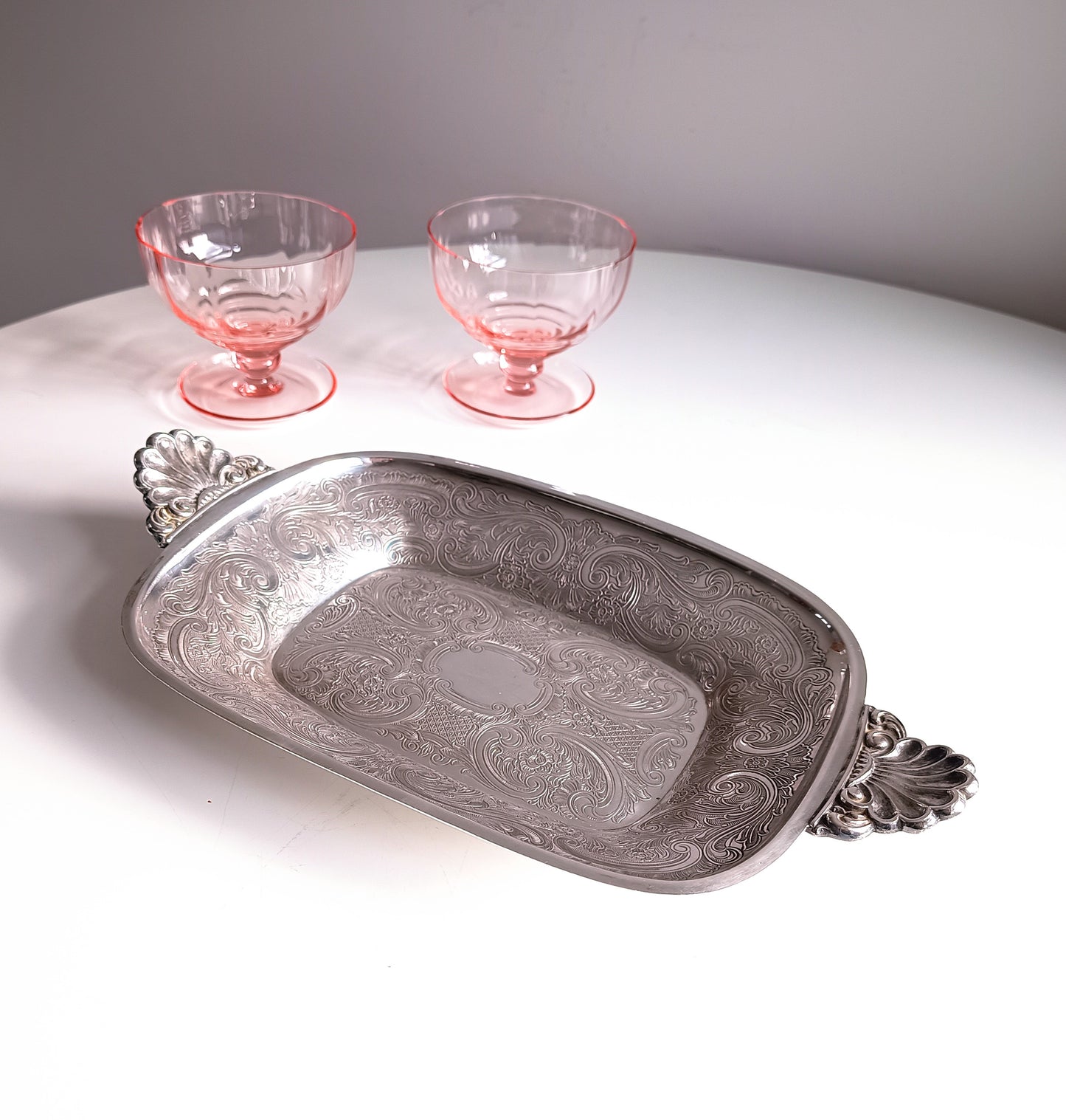 Vintage Silver on Copper Bread & Pastry Serving Tray: Shell Shaped Handles, G Butler, 1900s