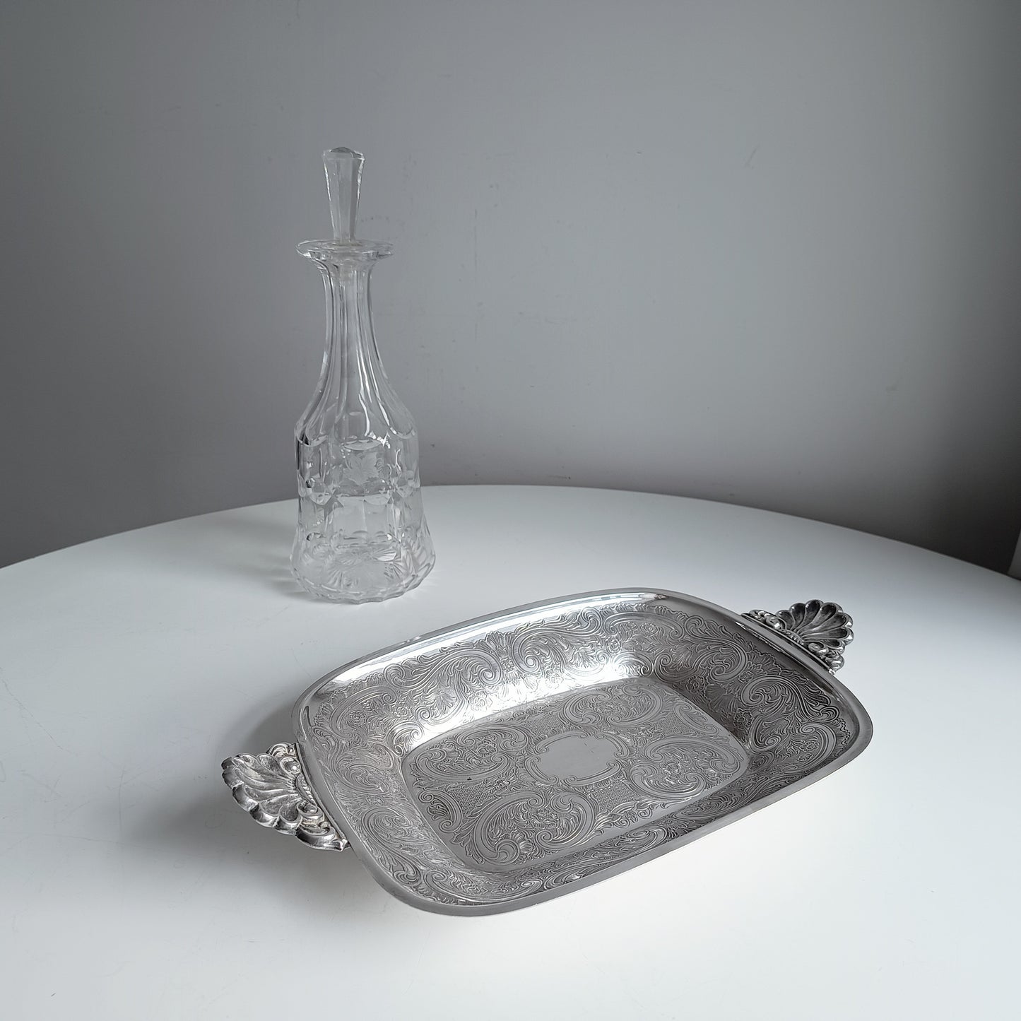 Vintage Silver on Copper Bread & Pastry Serving Tray: Shell Shaped Handles, G Butler, 1900s