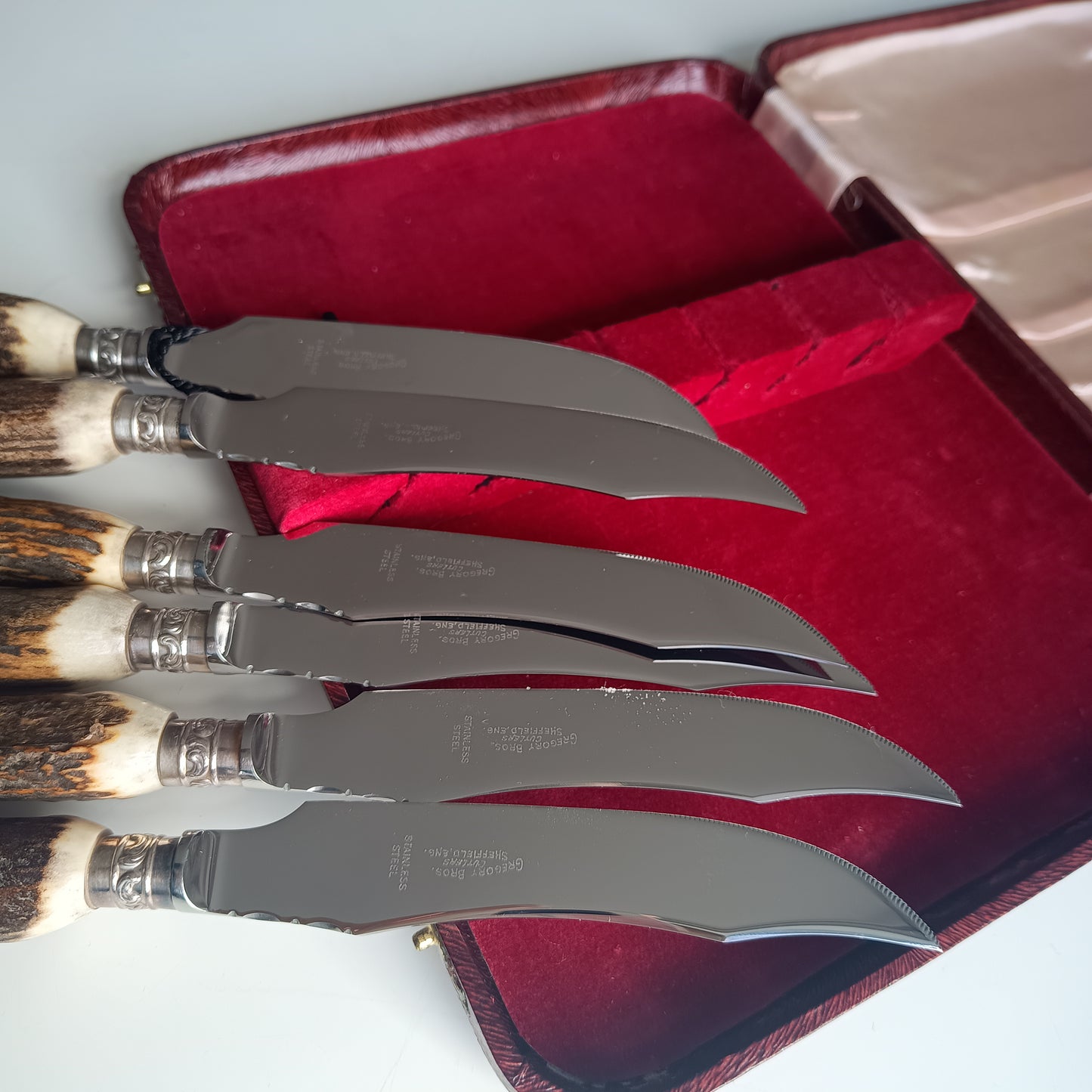Mint Genuine Stag Handled Cased Steak Knives Set: Scalloped Spine, Back-work Notches, 1950s