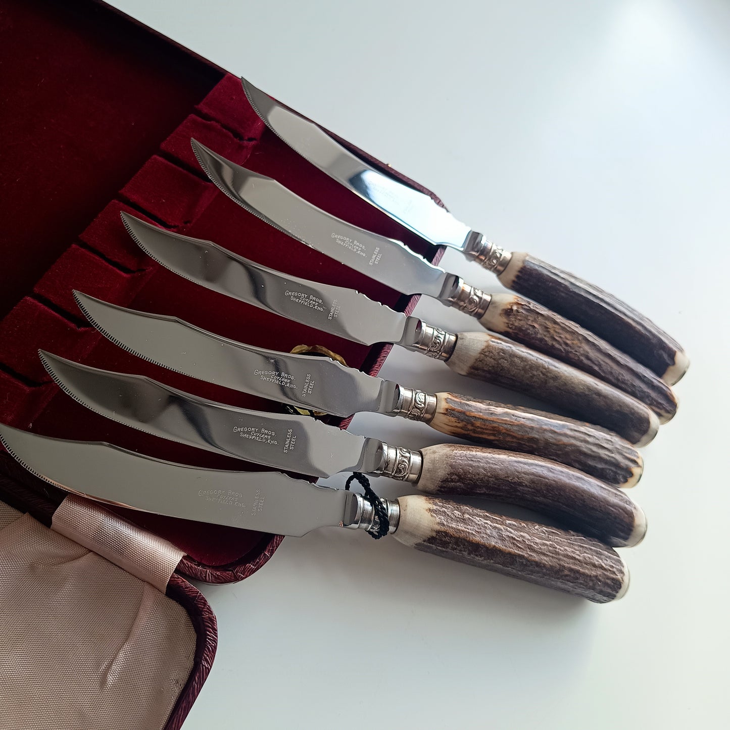Mint Genuine Stag Handled Cased Steak Knives Set: Scalloped Spine, Back-work Notches, 1950s
