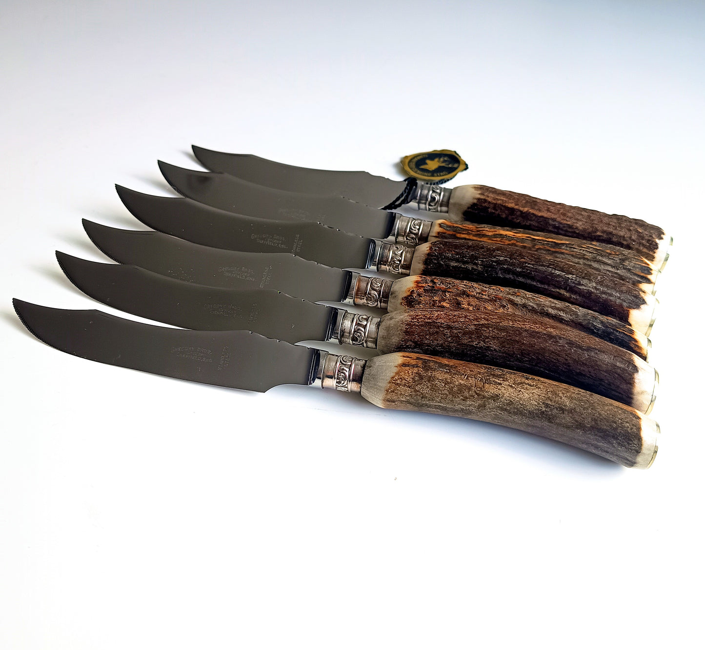 Mint Genuine Stag Handled Cased Steak Knives Set: Scalloped Spine, Back-work Notches, 1950s