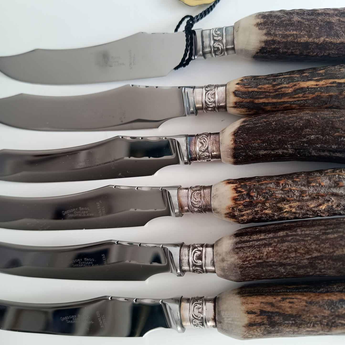 Mint Genuine Stag Handled Cased Steak Knives Set: Scalloped Spine, Back-work Notches, 1950s