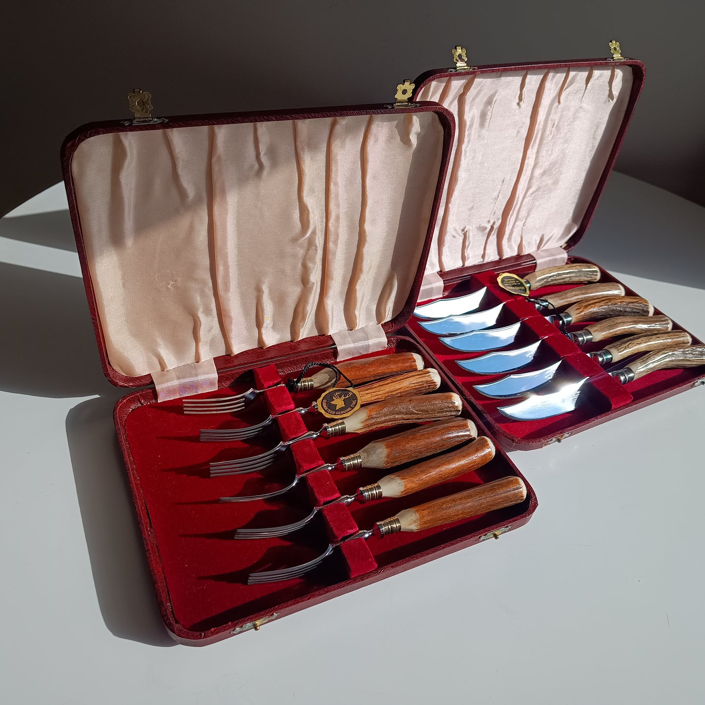 Genuine Stag Handled Cased Steak Forks and Knives Sets: Scalloped Spine, Back-work Notches, 1950s