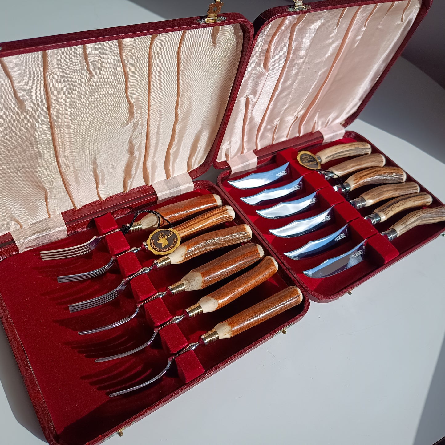 Genuine Stag Handled Cased Steak Forks and Knives Sets: Scalloped Spine, Back-work Notches, 1950s