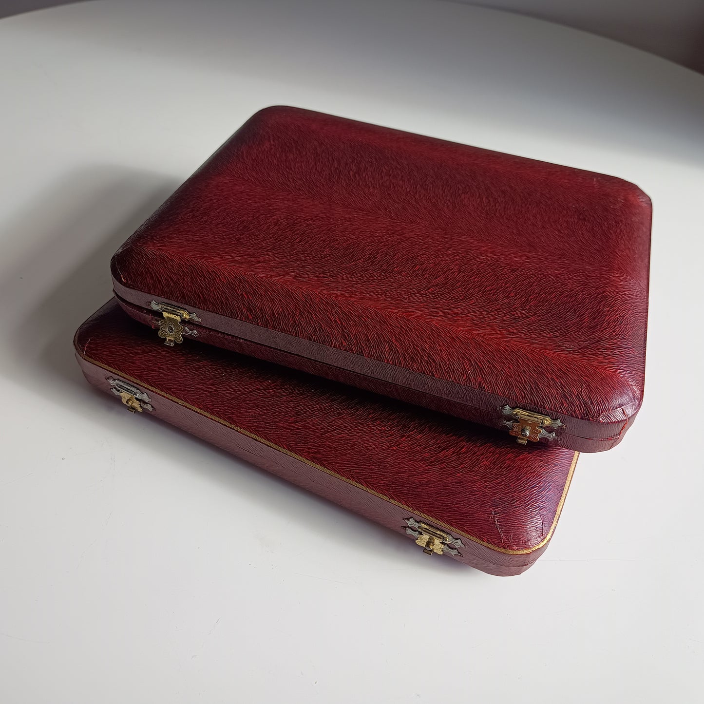 Genuine Stag Handled Cased Steak Forks and Knives Sets: Scalloped Spine, Back-work Notches, 1950s