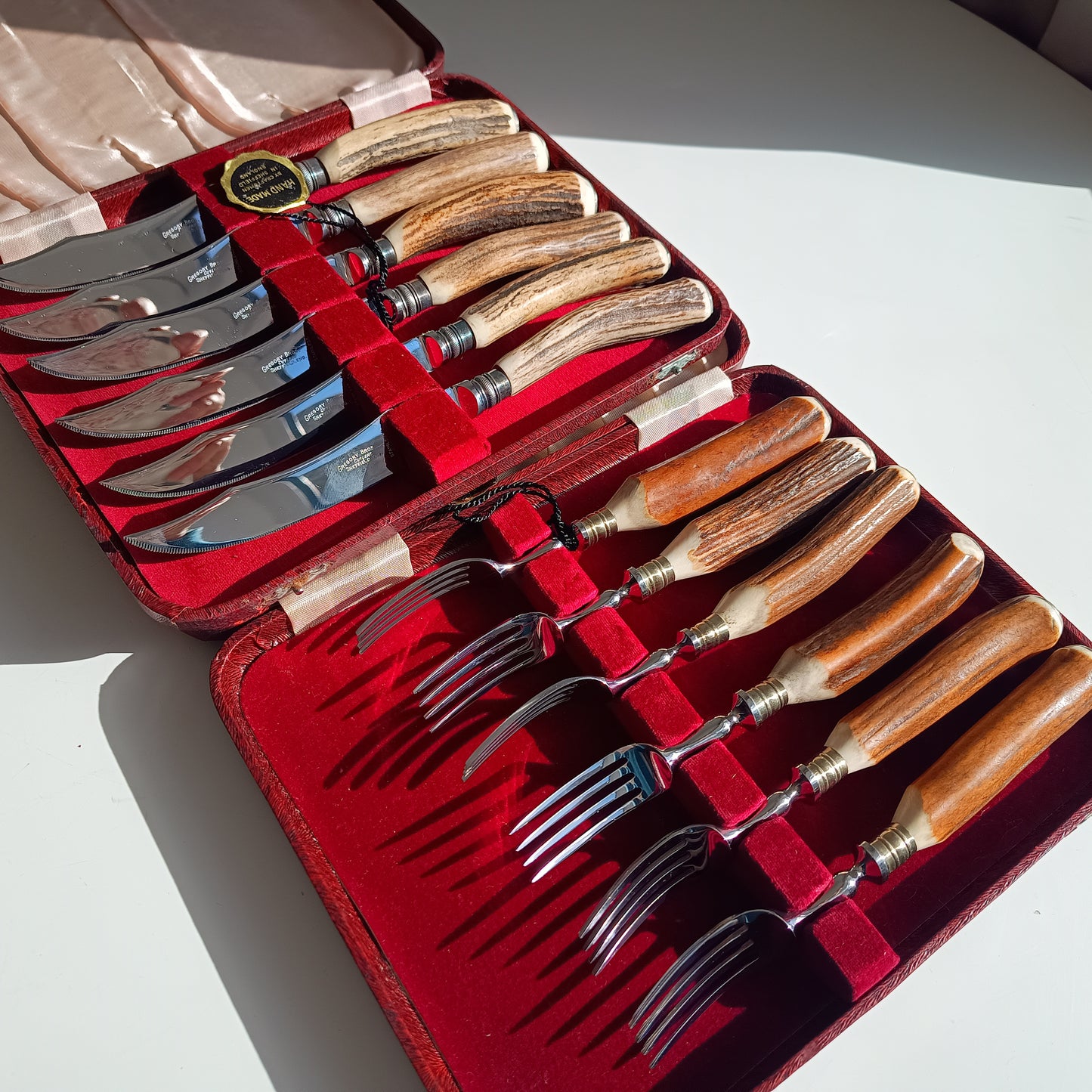 Genuine Stag Handled Cased Steak Forks and Knives Sets: Scalloped Spine, Back-work Notches, 1950s