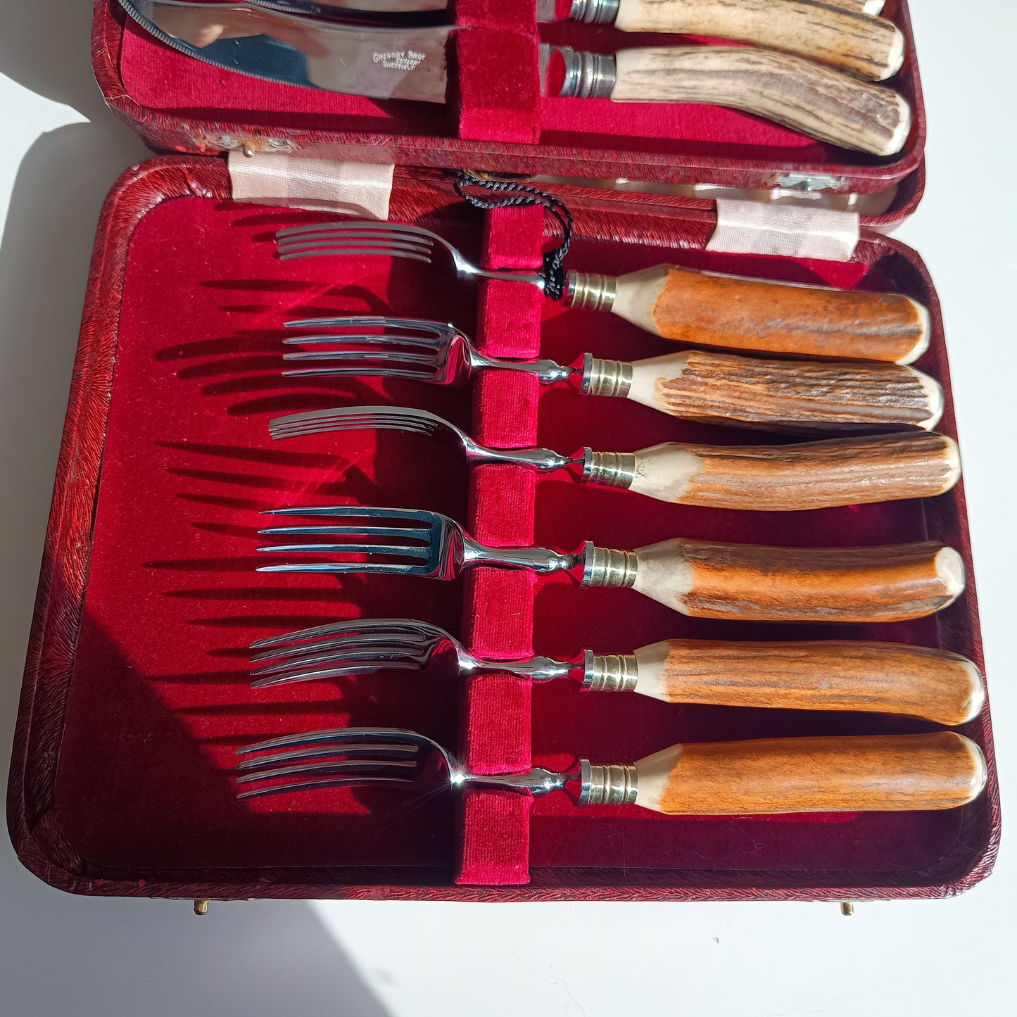 Genuine Stag Handled Cased Steak Forks and Knives Sets: Scalloped Spine, Back-work Notches, 1950s