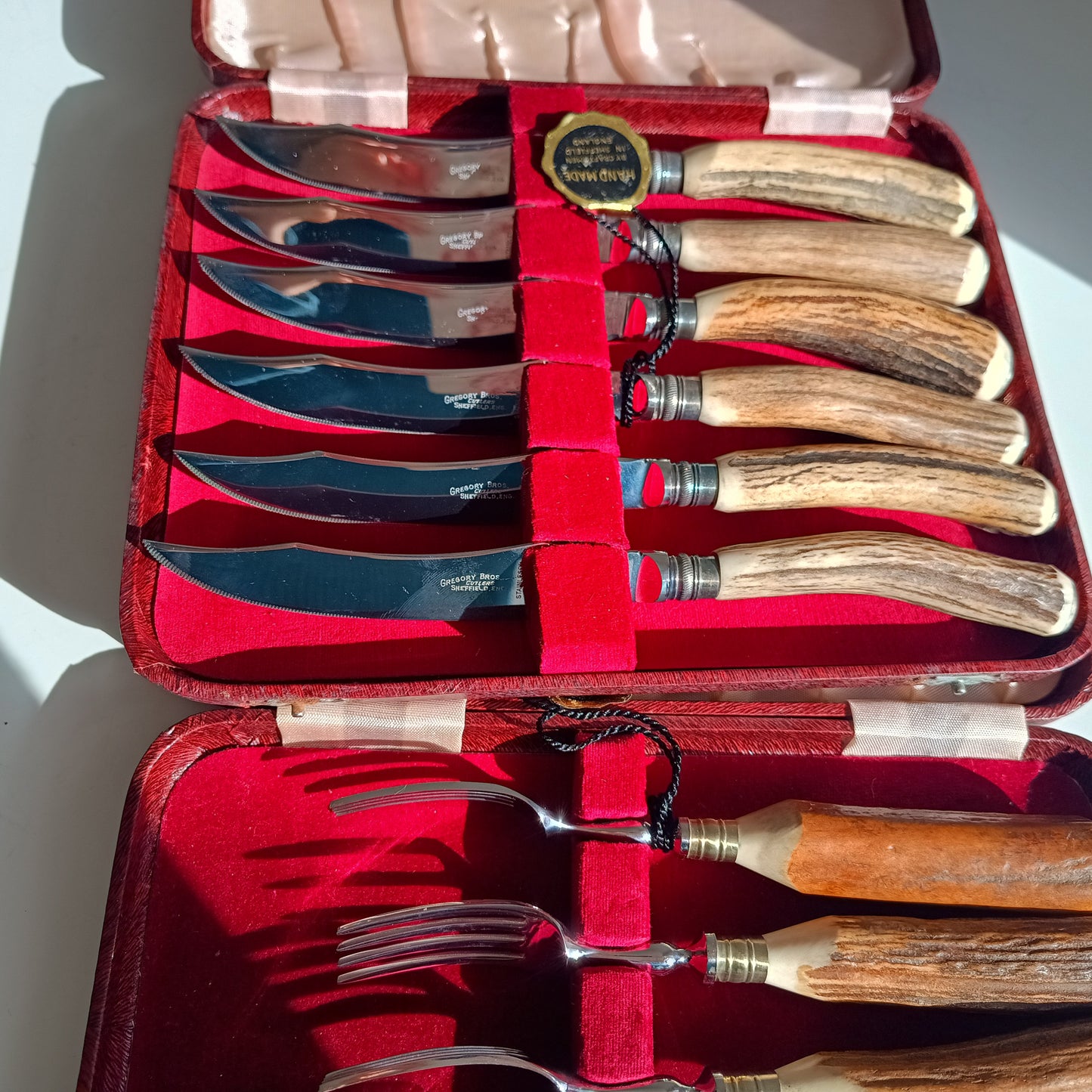 Genuine Stag Handled Cased Steak Forks and Knives Sets: Scalloped Spine, Back-work Notches, 1950s