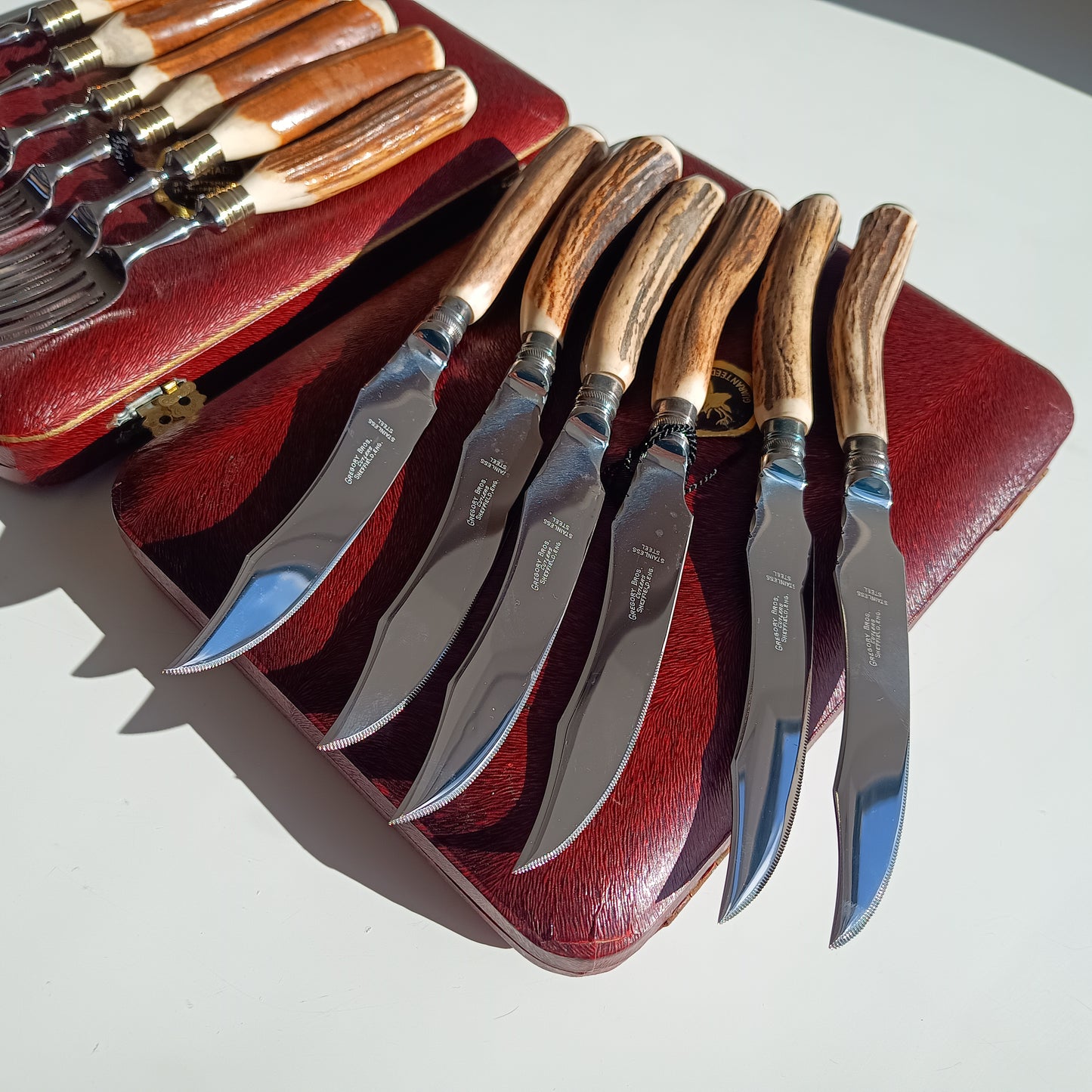Genuine Stag Handled Cased Steak Forks and Knives Sets: Scalloped Spine, Back-work Notches, 1950s