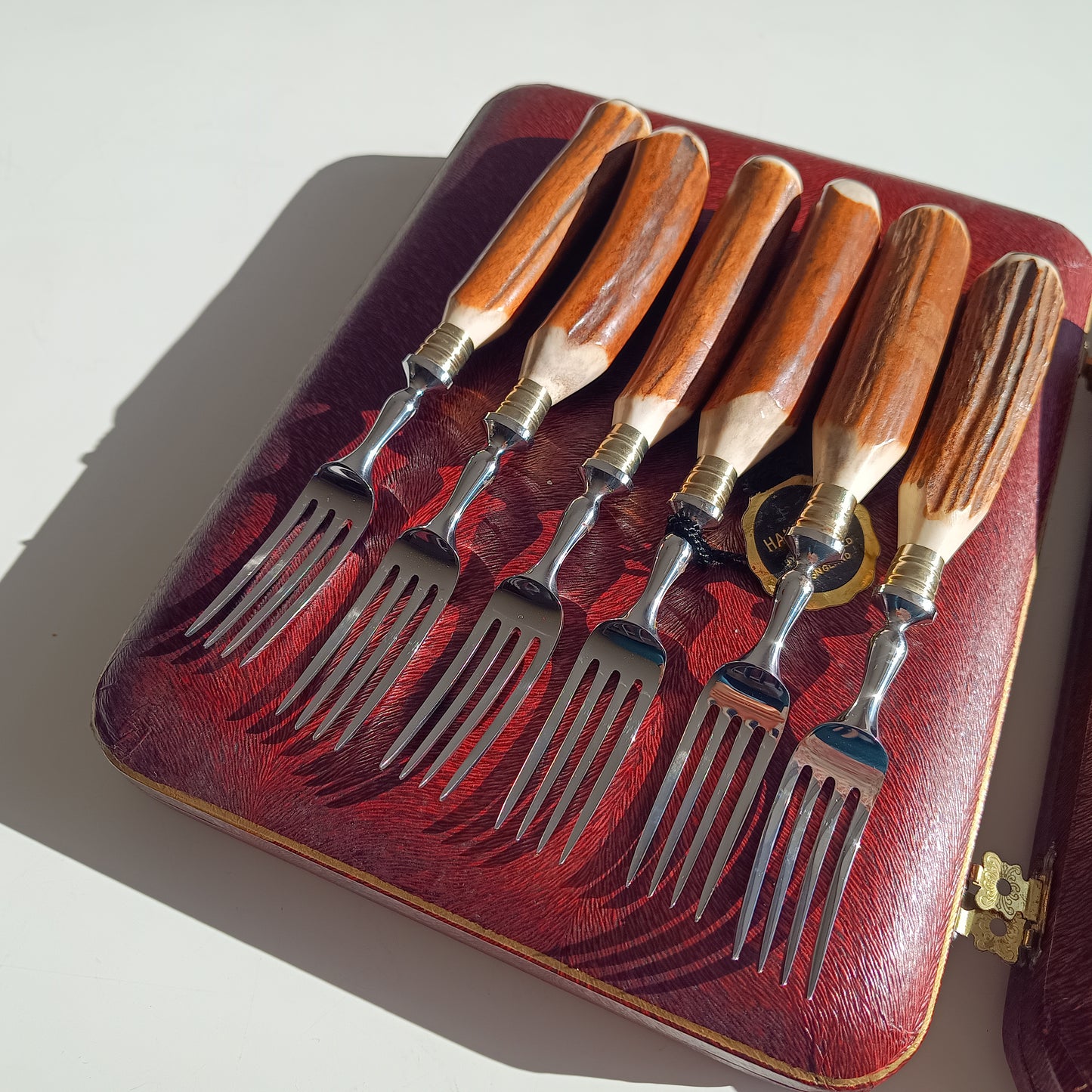 Genuine Stag Handled Cased Steak Forks and Knives Sets: Scalloped Spine, Back-work Notches, 1950s