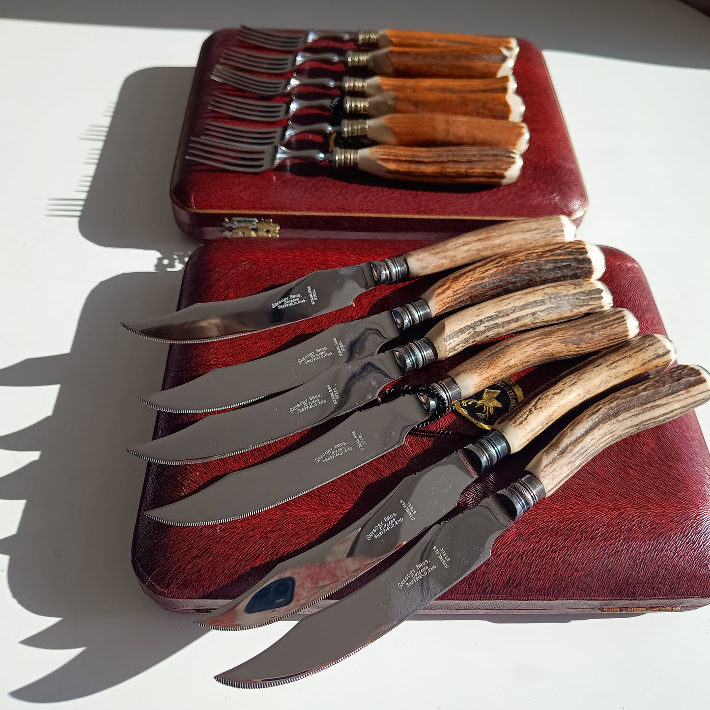 Genuine Stag Handled Cased Steak Forks and Knives Sets: Scalloped Spine, Back-work Notches, 1950s