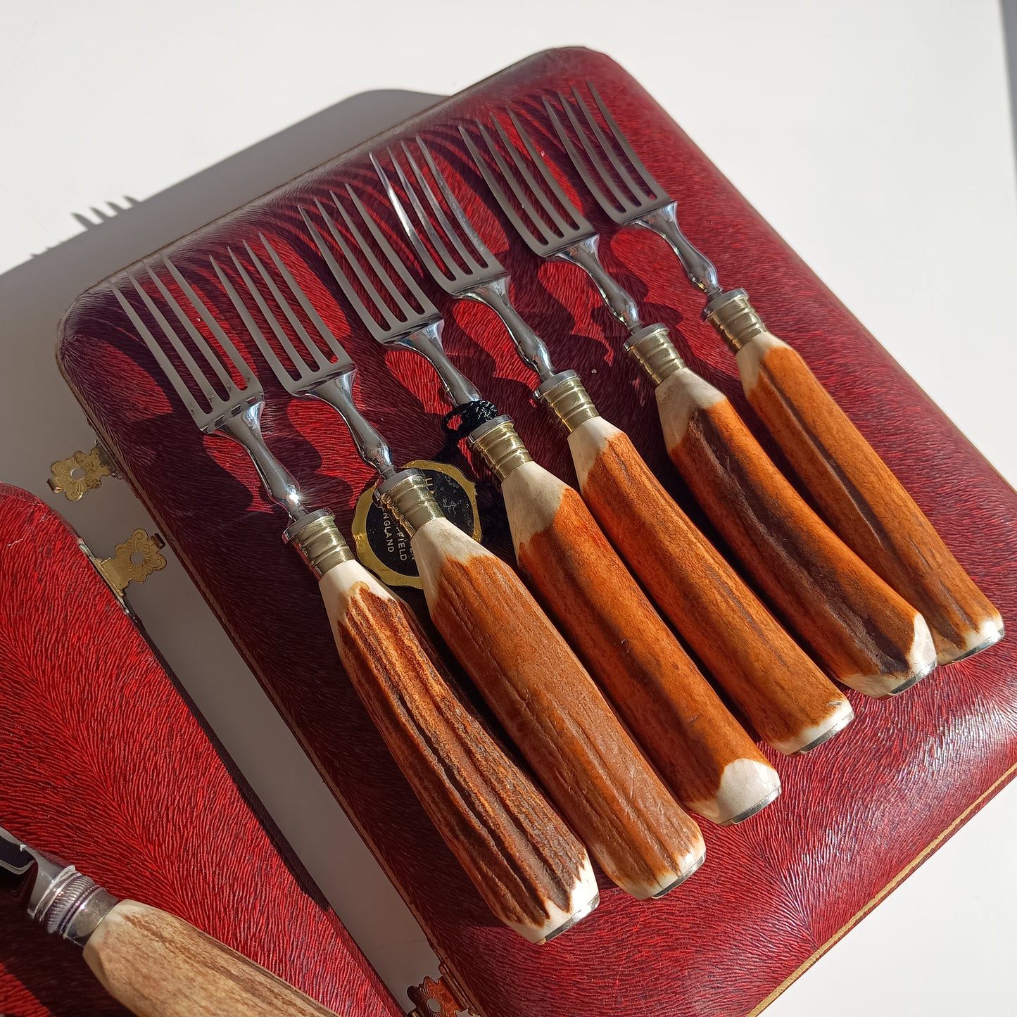 Genuine Stag Handled Cased Steak Forks and Knives Sets: Scalloped Spine, Back-work Notches, 1950s