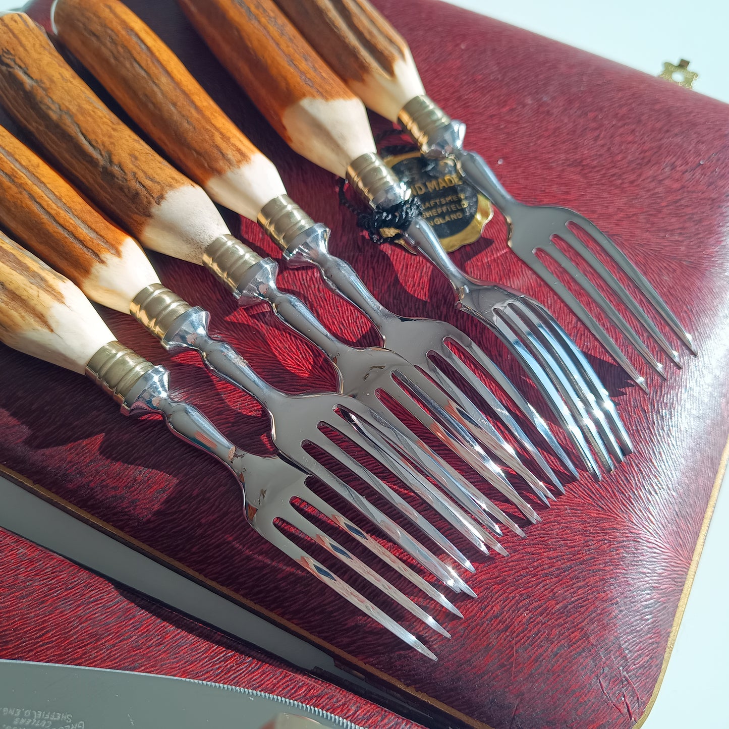 Genuine Stag Handled Cased Steak Forks and Knives Sets: Scalloped Spine, Back-work Notches, 1950s