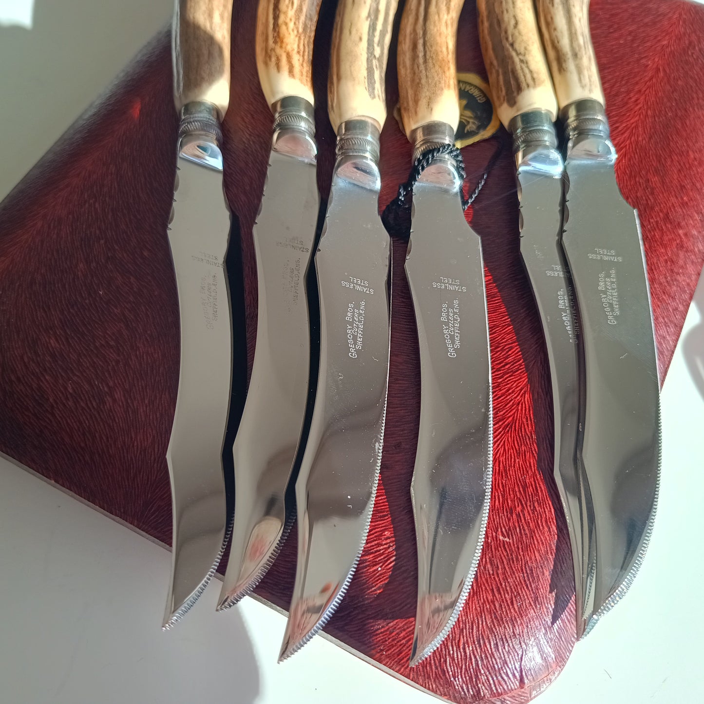 Genuine Stag Handled Cased Steak Forks and Knives Sets: Scalloped Spine, Back-work Notches, 1950s