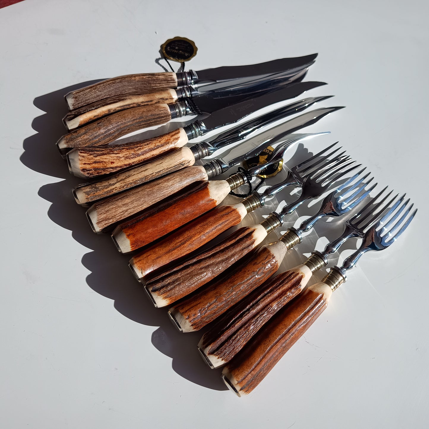 Genuine Stag Handled Cased Steak Forks and Knives Sets: Scalloped Spine, Back-work Notches, 1950s