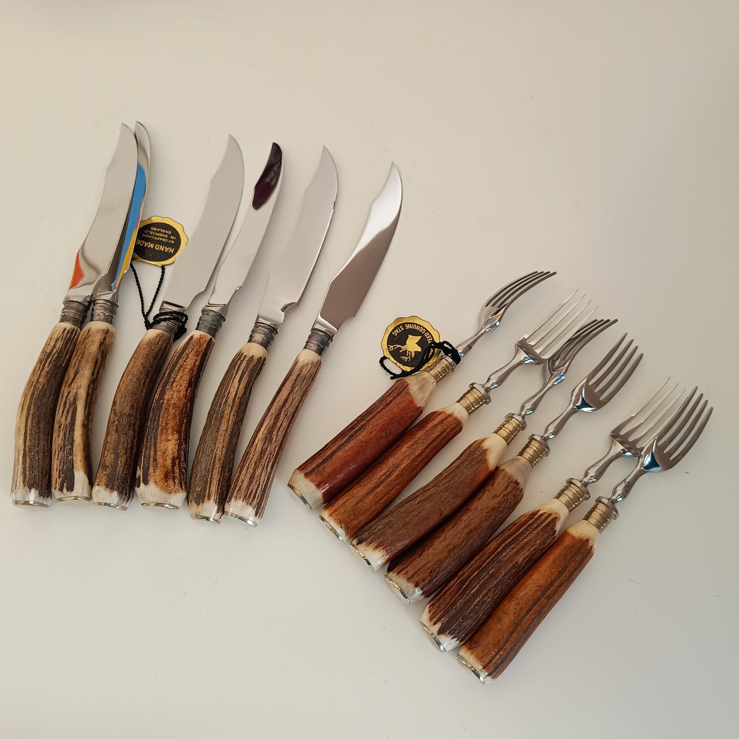Genuine Stag Handled Cased Steak Forks and Knives Sets: Scalloped Spine, Back-work Notches, 1950s