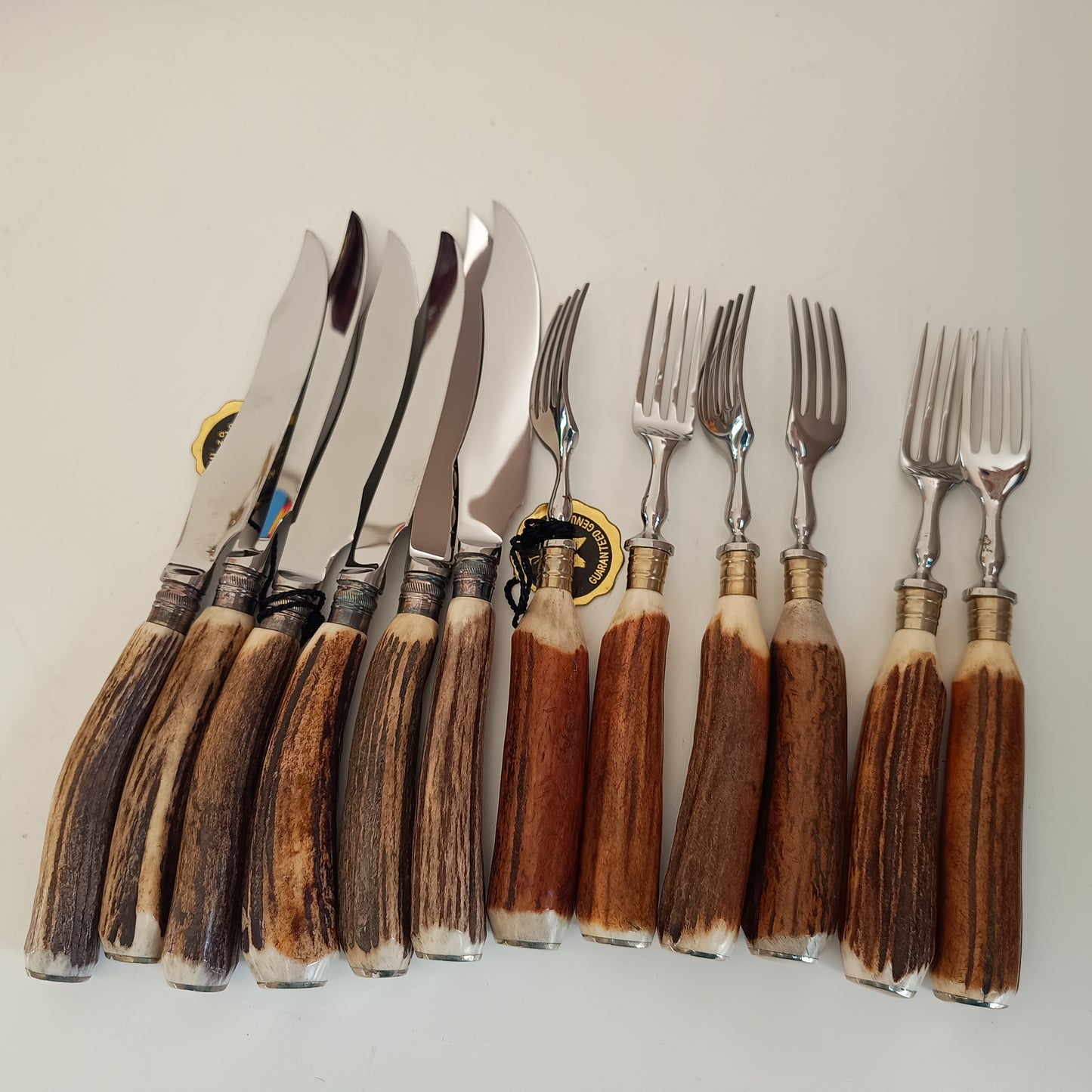 Genuine Stag Handled Cased Steak Forks and Knives Sets: Scalloped Spine, Back-work Notches, 1950s