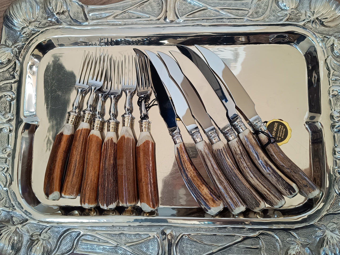 Genuine Stag Handled Cased Steak Forks and Knives Sets: Scalloped Spine, Back-work Notches, 1950s
