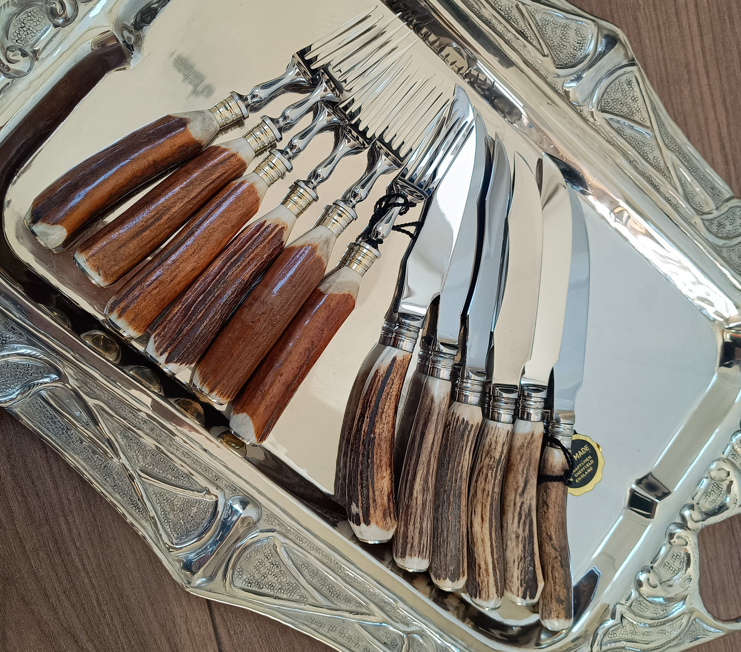 Genuine Stag Handled Cased Steak Forks and Knives Sets: Scalloped Spine, Back-work Notches, 1950s