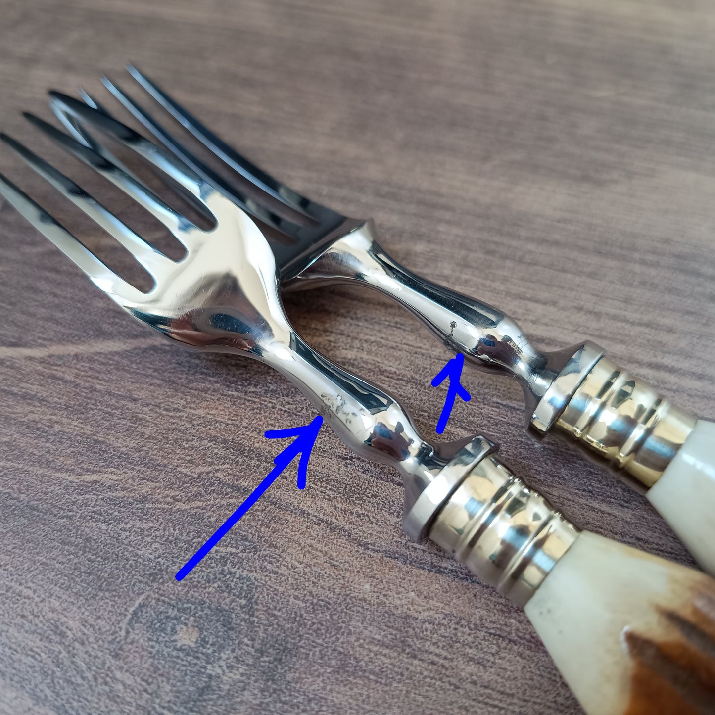 Genuine Stag Handled Cased Steak Forks and Knives Sets: Scalloped Spine, Back-work Notches, 1950s