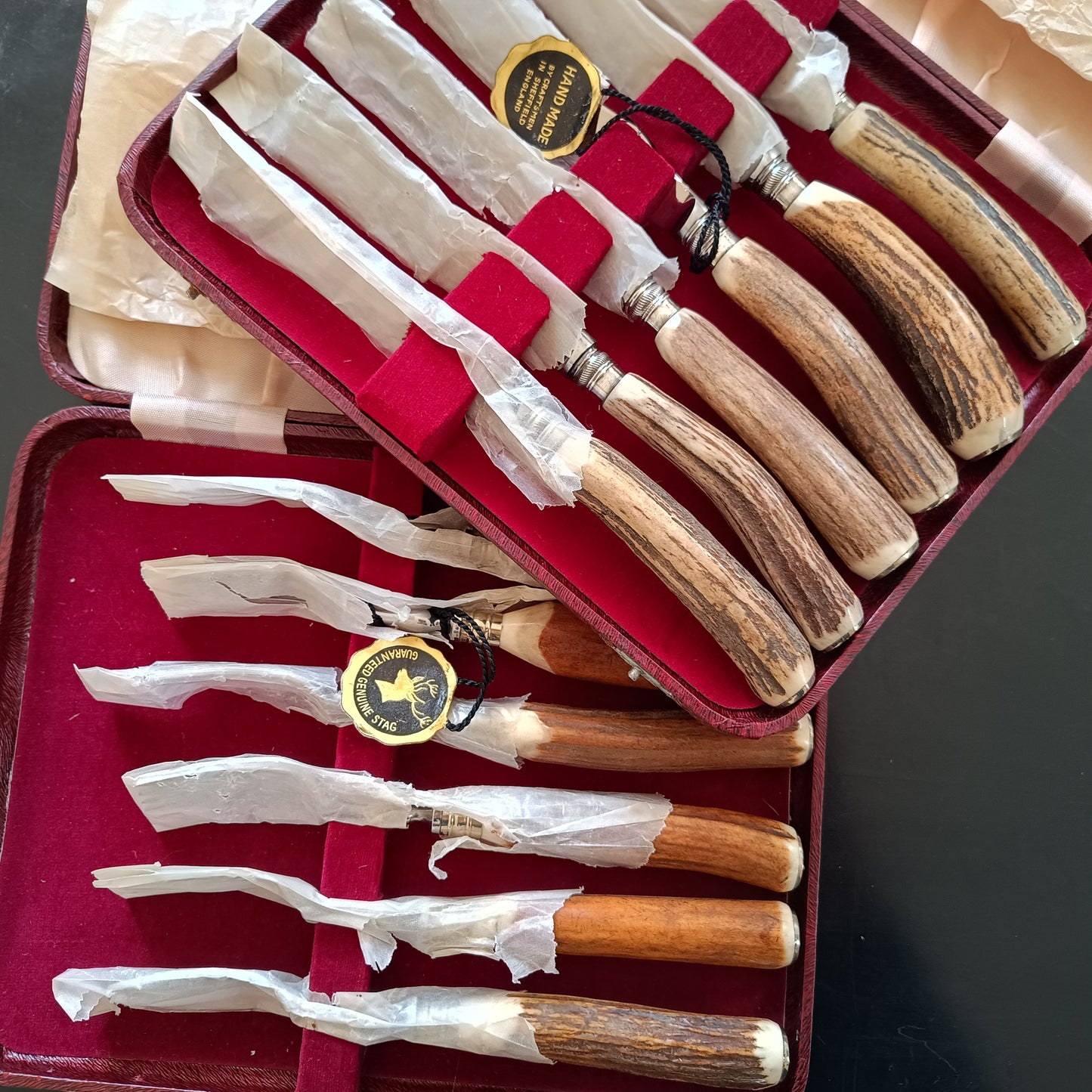 Genuine Stag Handled Cased Steak Forks and Knives Sets: Scalloped Spine, Back-work Notches, 1950s