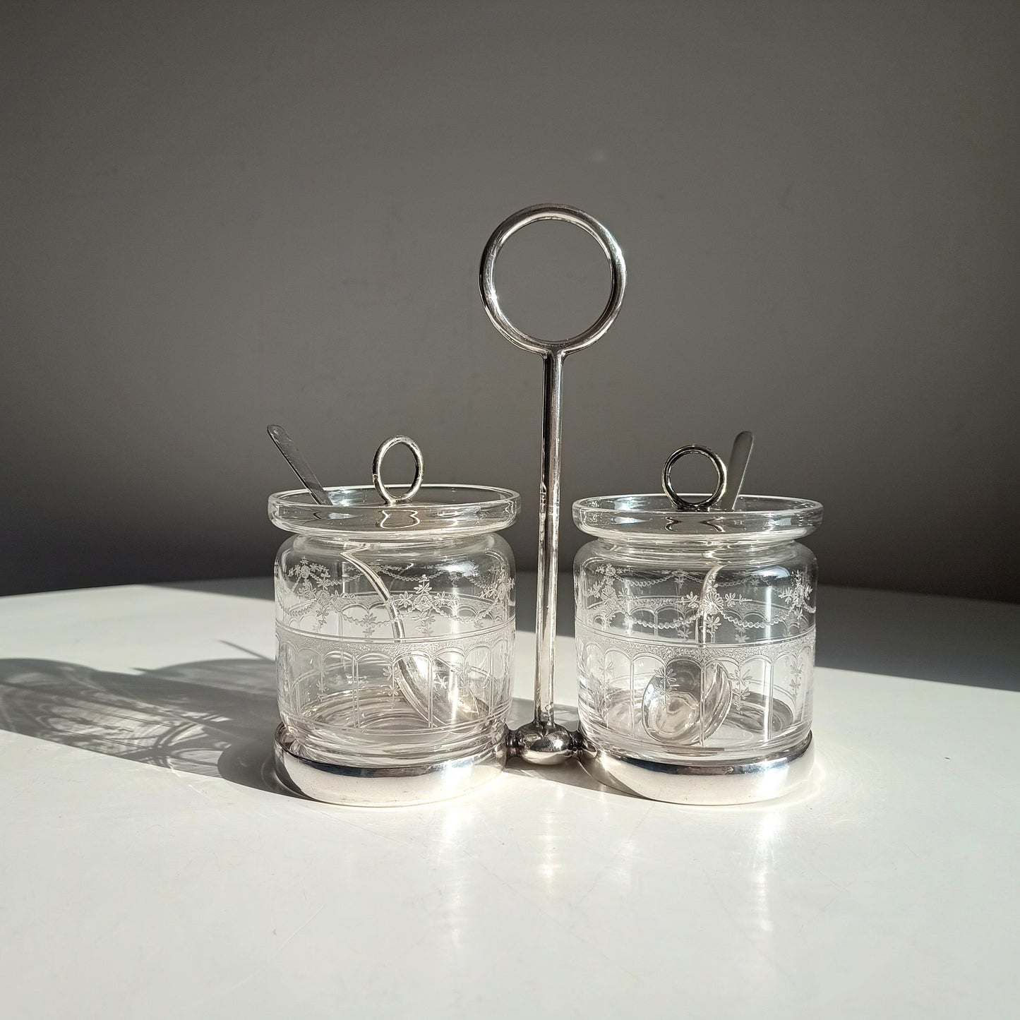 Vintage Hukin & Heath Silver Plate Double Jar Handled Serving Cruet: Stuart Crystal, c 1900