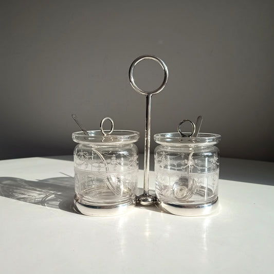 Vintage Hukin & Heath Silver Plate Double Jar Handled Serving Cruet: Stuart Crystal, c 1900