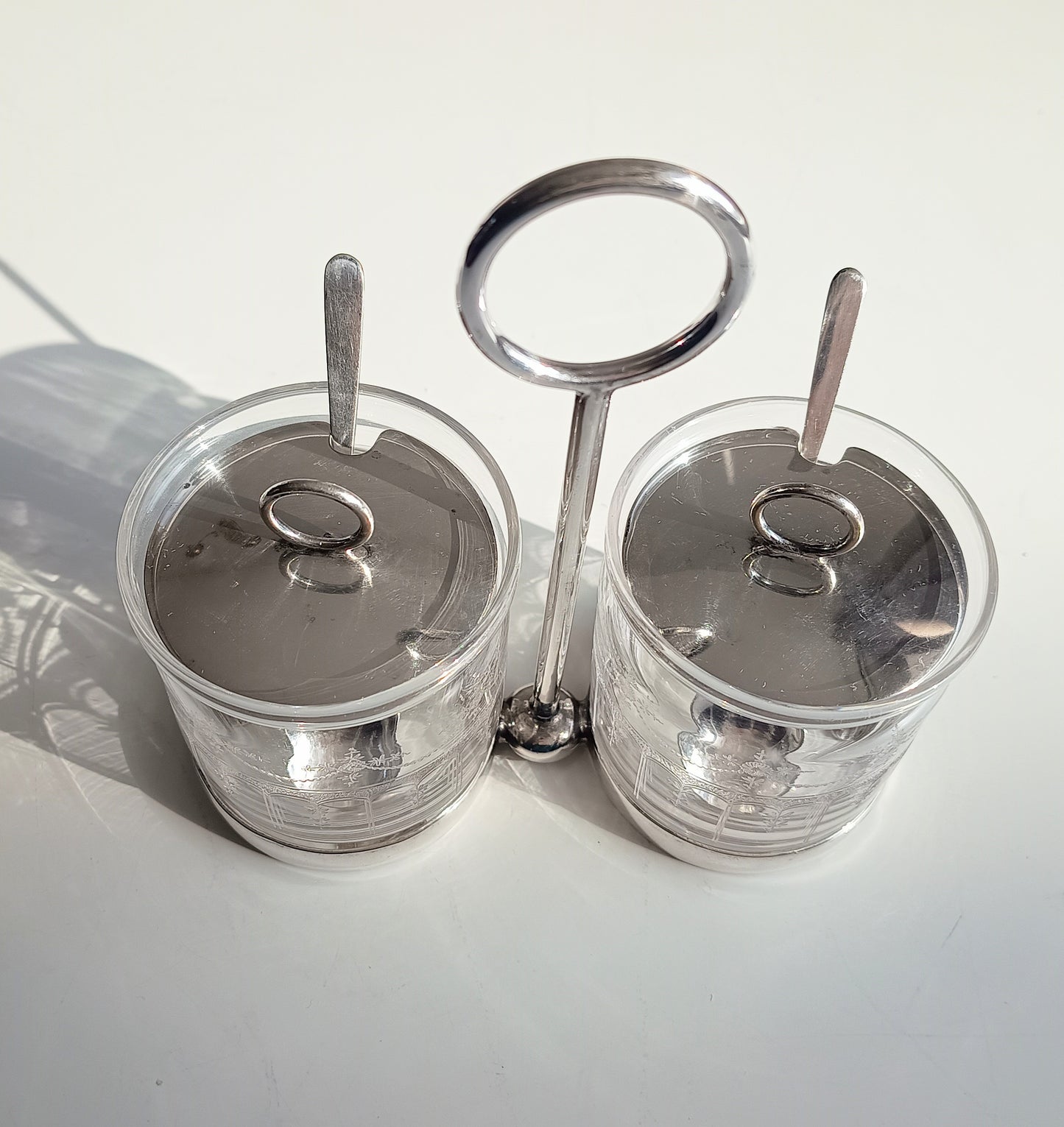 Vintage Hukin & Heath Silver Plate Double Jar Handled Serving Cruet: Stuart Crystal, c 1900