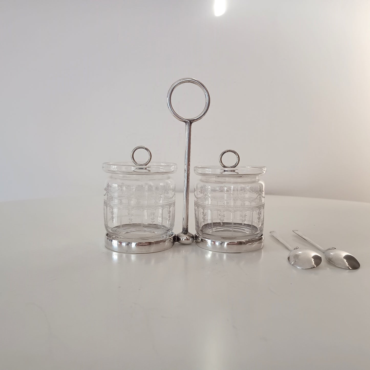 Vintage Hukin & Heath Silver Plate Double Jar Handled Serving Cruet: Stuart Crystal, c 1900