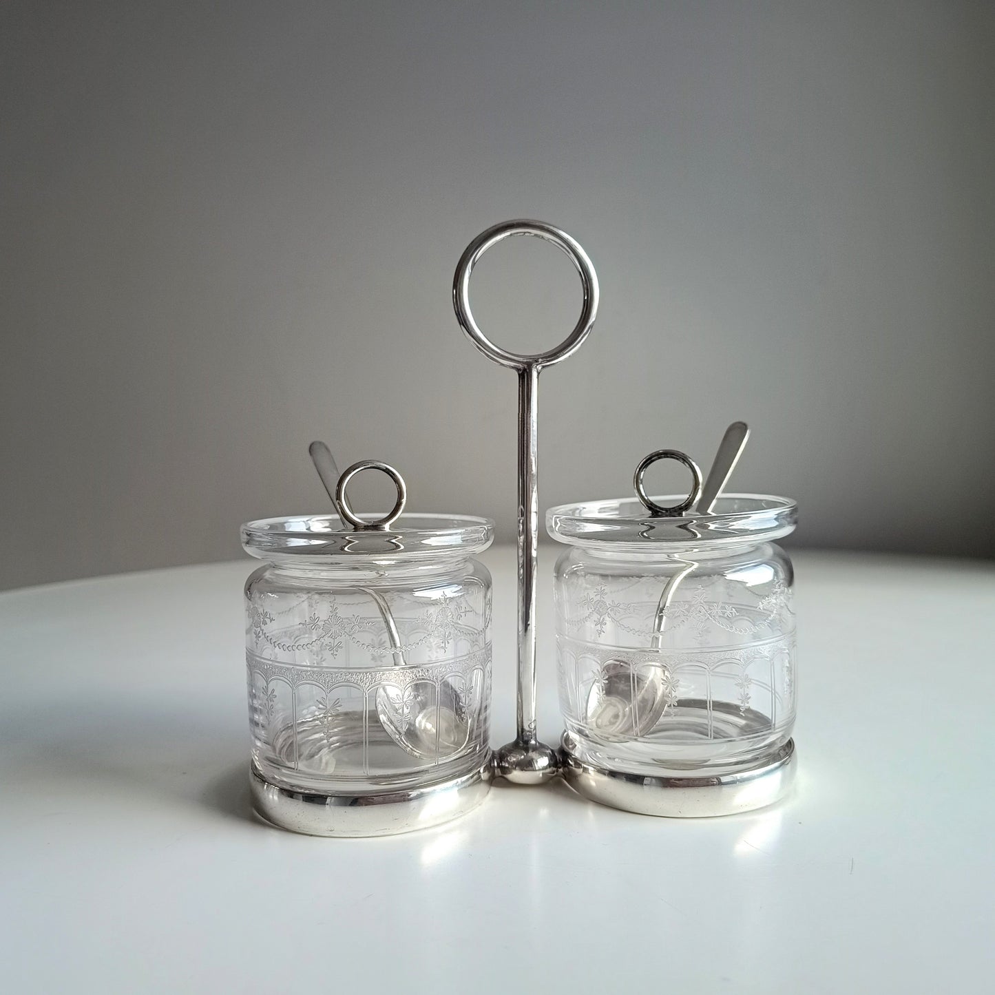 Vintage Hukin & Heath Silver Plate Double Jar Handled Serving Cruet: Stuart Crystal, c 1900