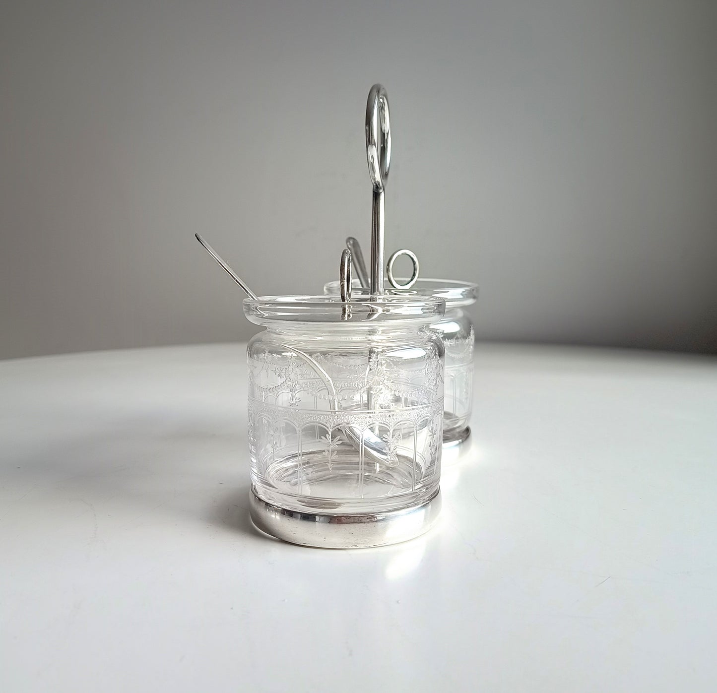 Vintage Hukin & Heath Silver Plate Double Jar Handled Serving Cruet: Stuart Crystal, c 1900
