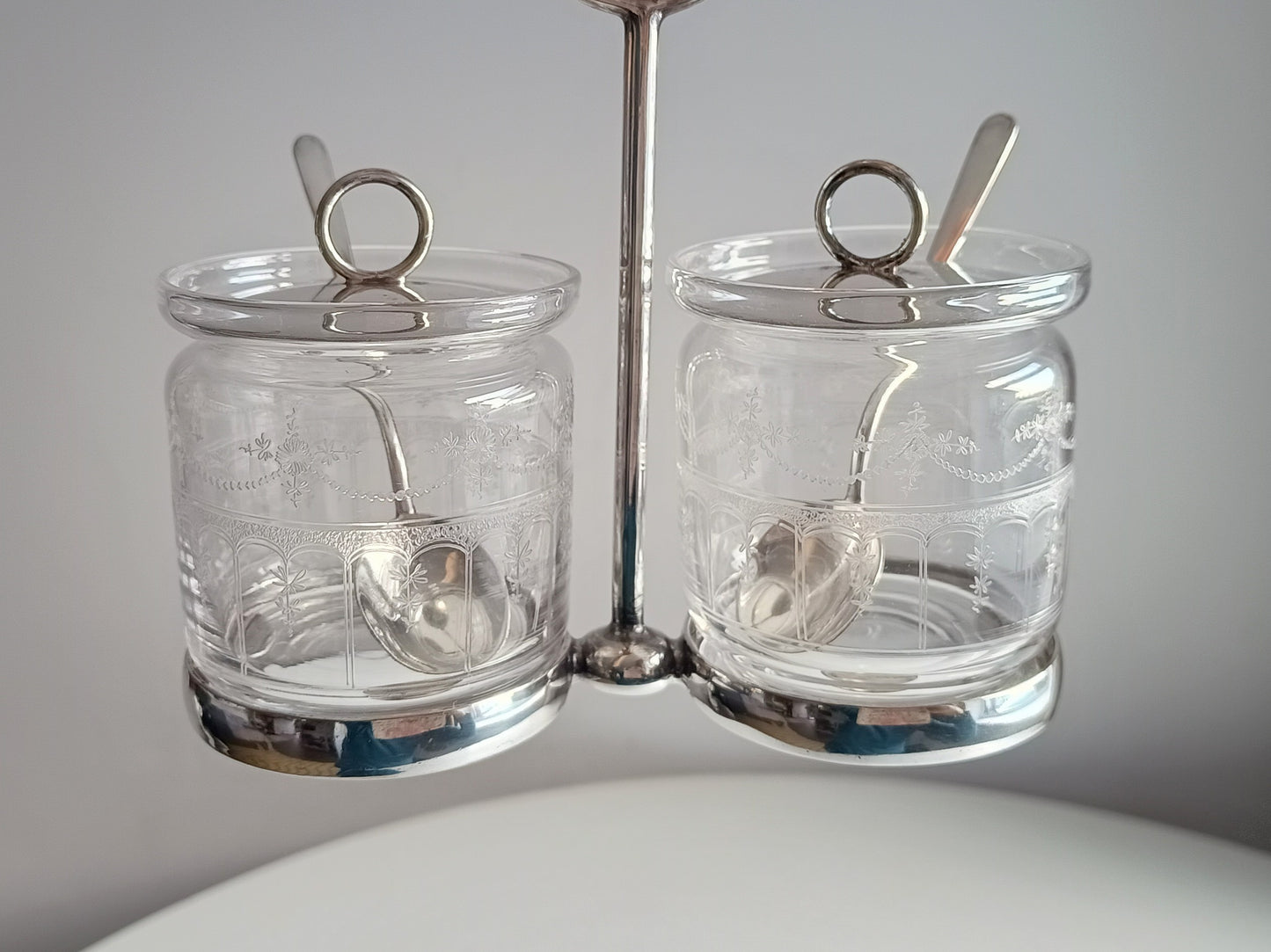 Vintage Hukin & Heath Silver Plate Double Jar Handled Serving Cruet: Stuart Crystal, c 1900