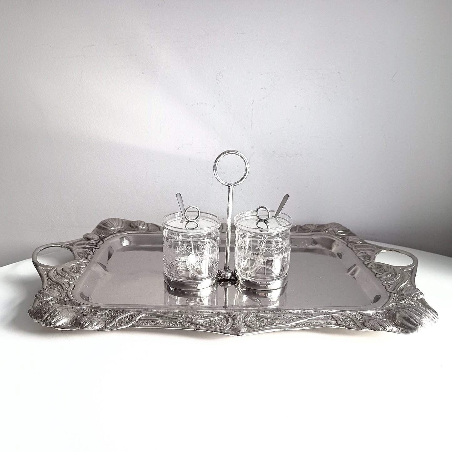 Vintage Hukin & Heath Silver Plate Double Jar Handled Serving Cruet: Stuart Crystal, c 1900