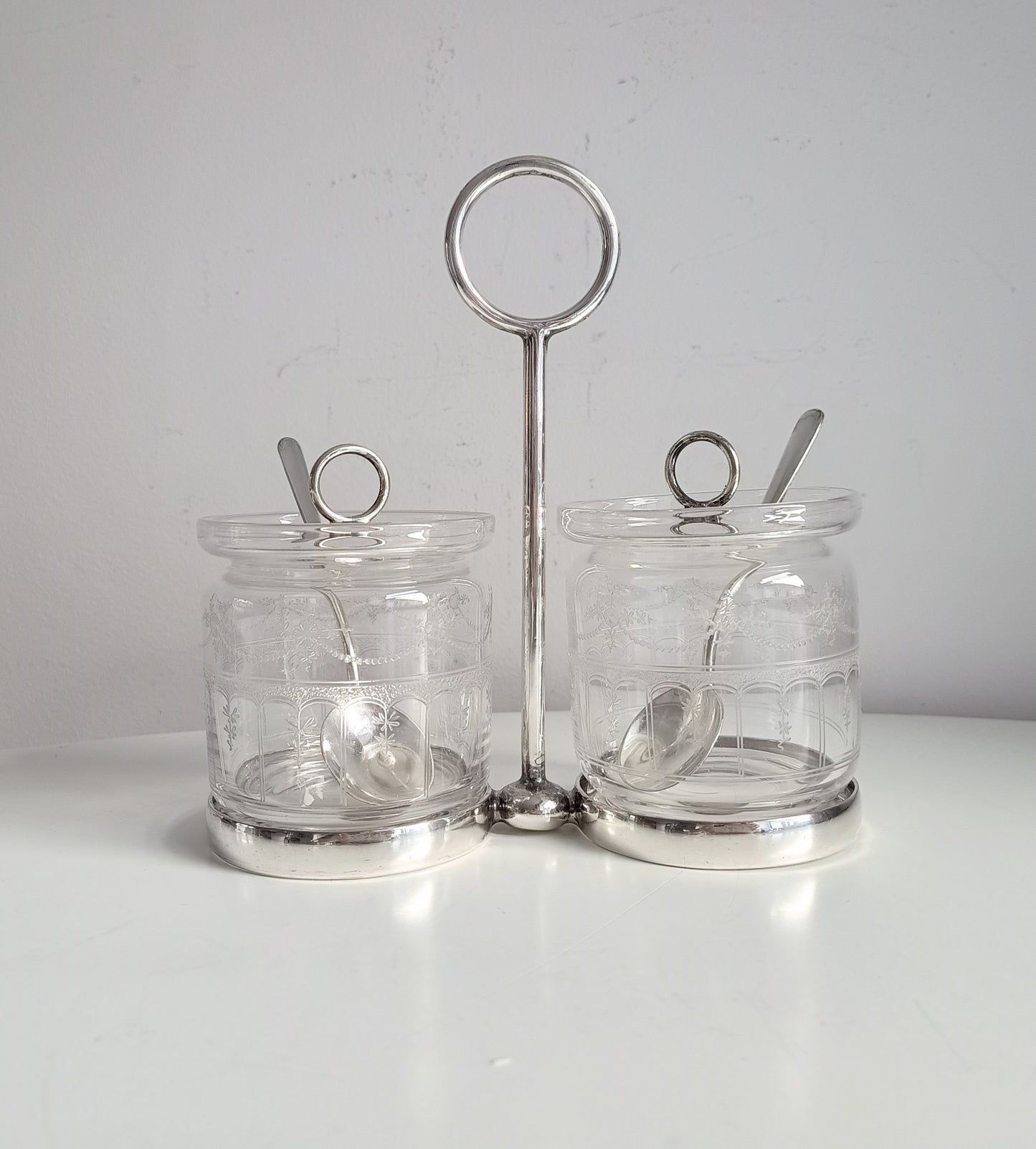 Vintage Hukin & Heath Silver Plate Double Jar Handled Serving Cruet: Stuart Crystal, c 1900