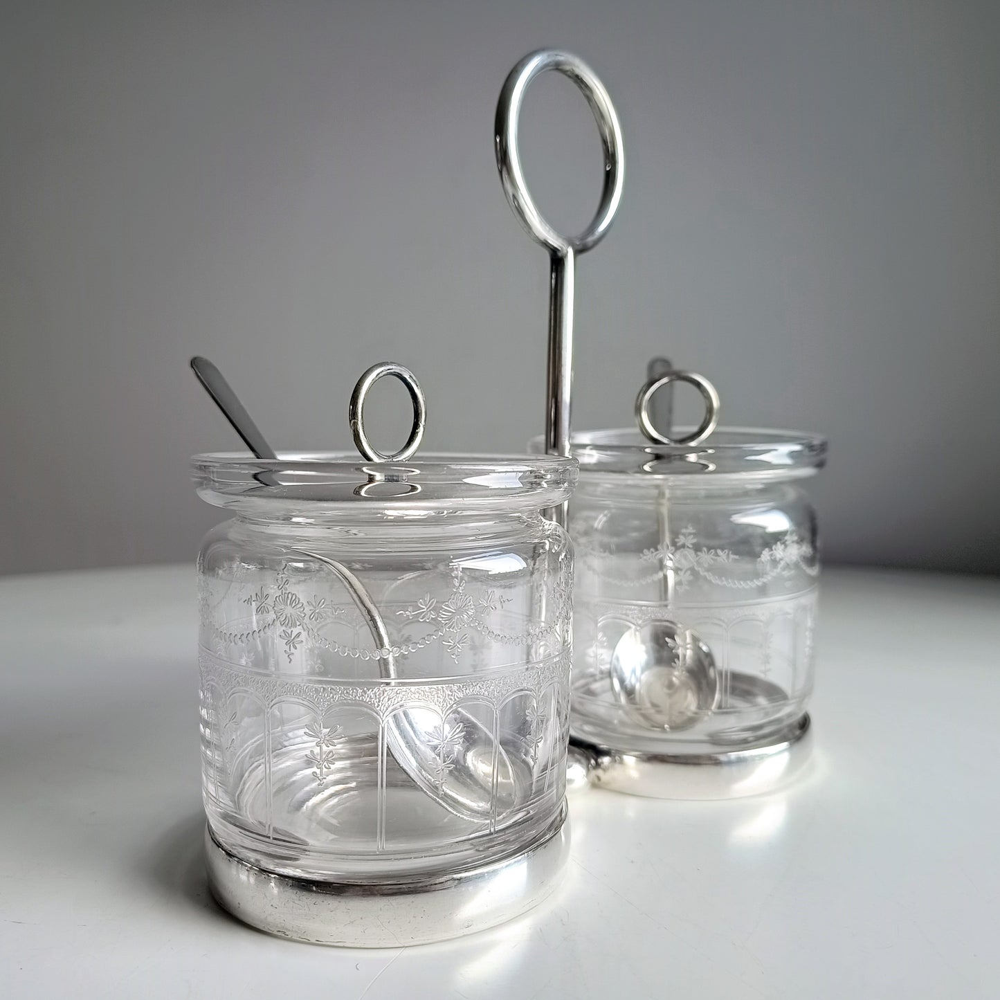 Vintage Hukin & Heath Silver Plate Double Jar Handled Serving Cruet: Stuart Crystal, c 1900