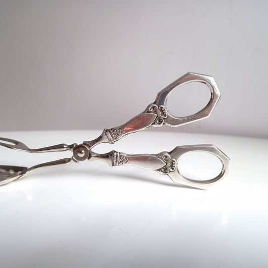 Nils Hansen Norwegian Solid Silver Handled Pastry Tongs: Odel Pattern, Midcentury Scandinavian