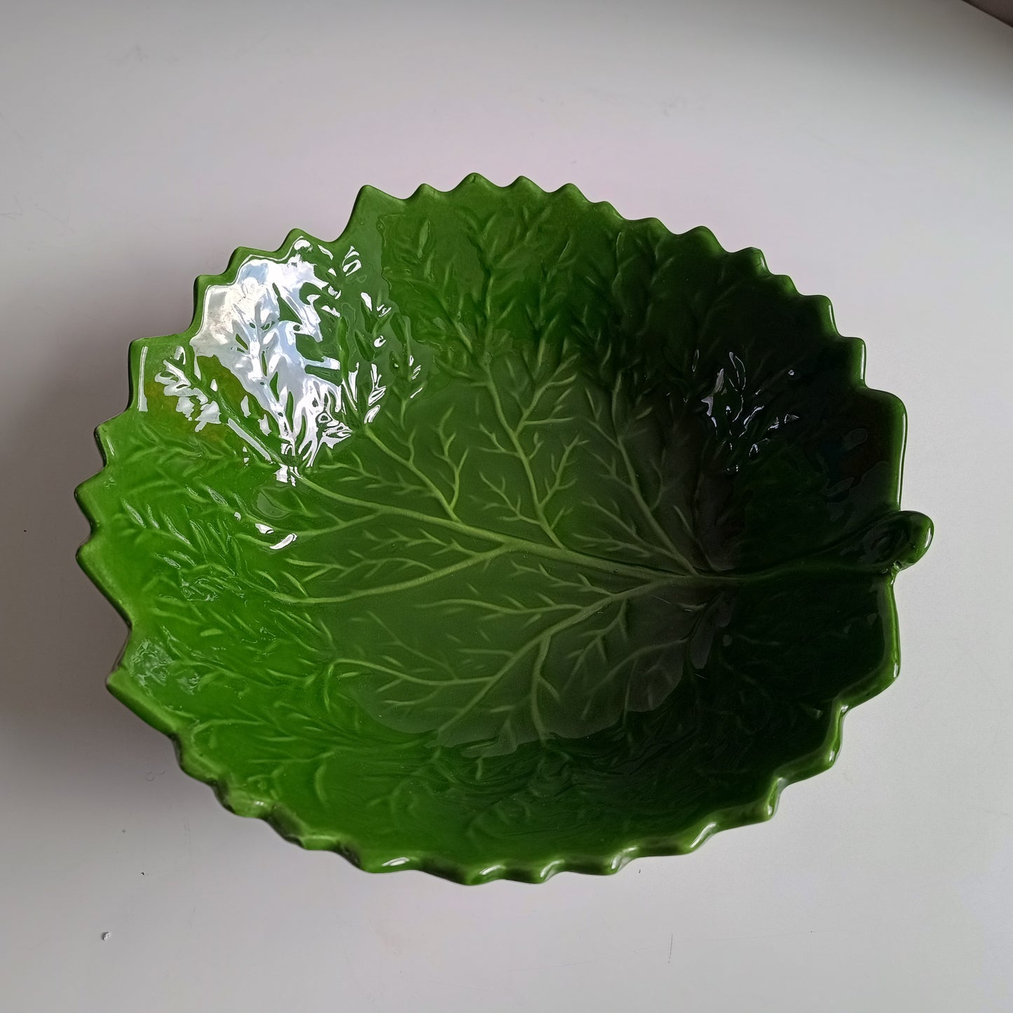 Large Vintage Portuguese Cabbage Leaf Serving Bowl: Emerald Green Majolica, Bordallo Style