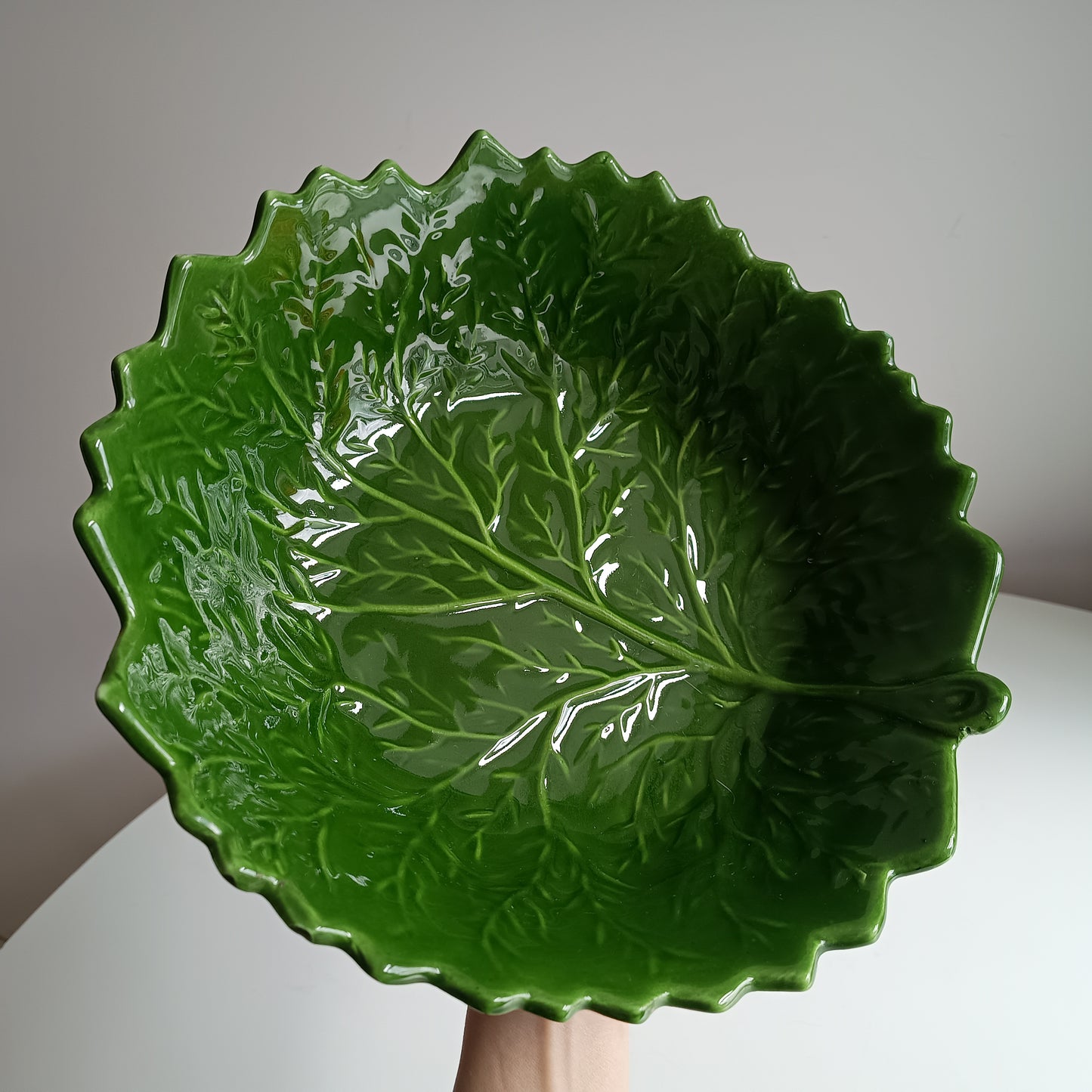 Large Vintage Portuguese Cabbage Leaf Serving Bowl: Emerald Green Majolica, Bordallo Style