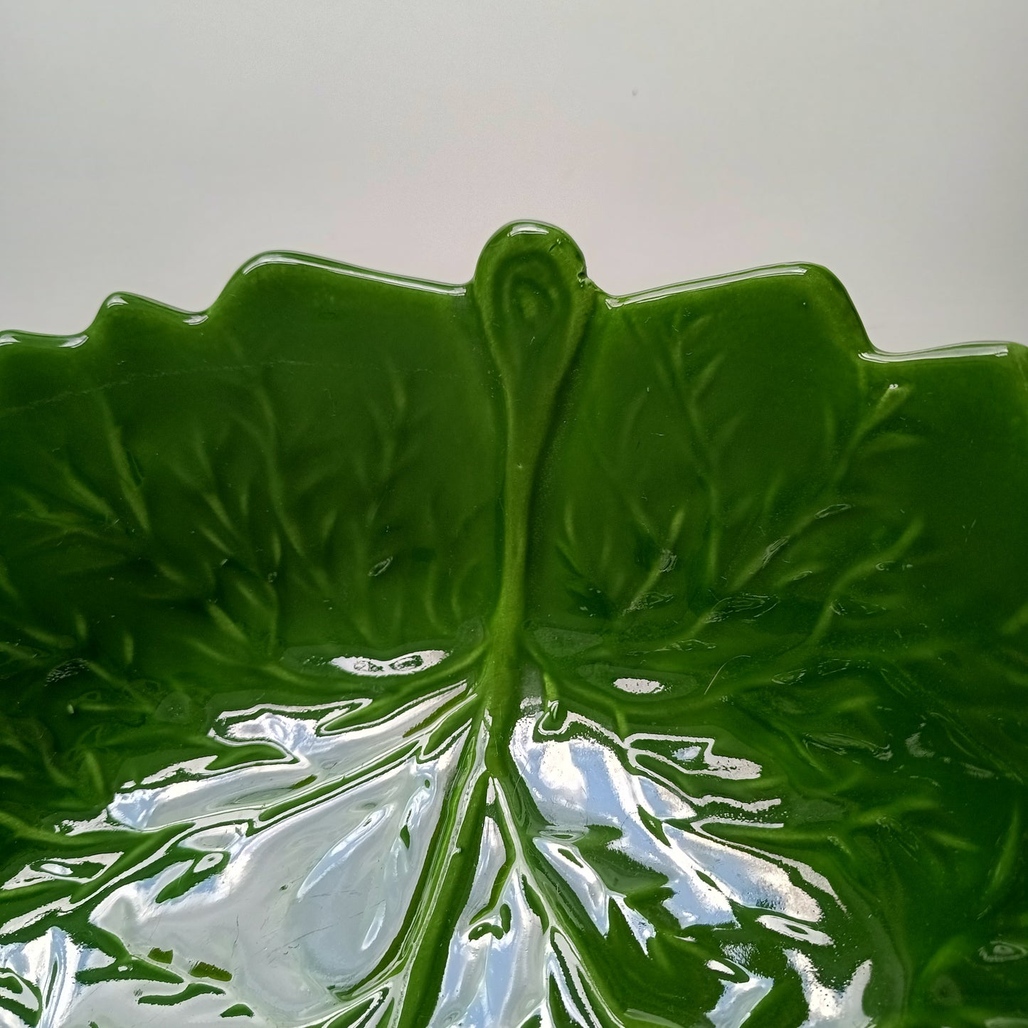 Large Vintage Portuguese Cabbage Leaf Serving Bowl: Emerald Green Majolica, Bordallo Style
