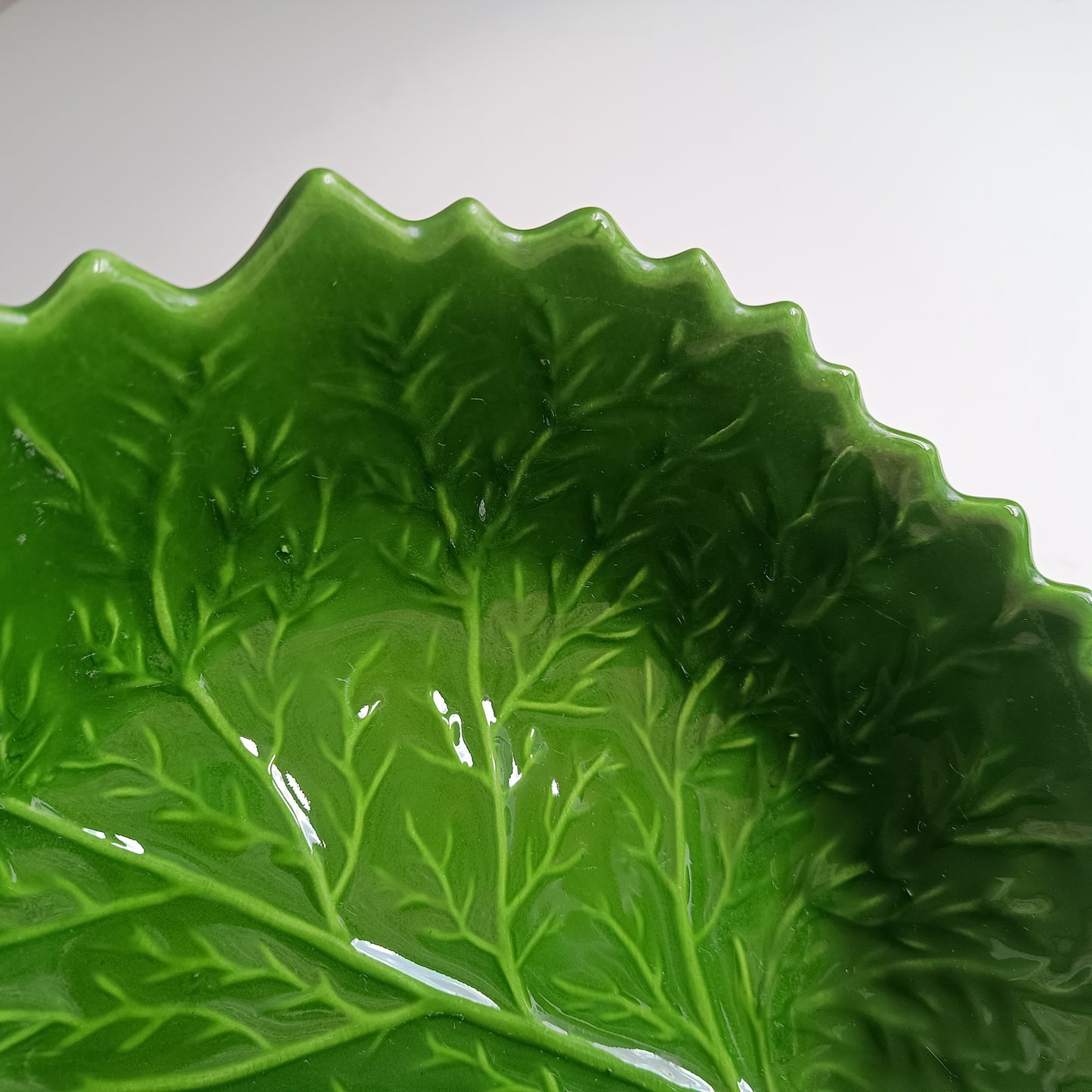 Large Vintage Portuguese Cabbage Leaf Serving Bowl: Emerald Green Majolica, Bordallo Style